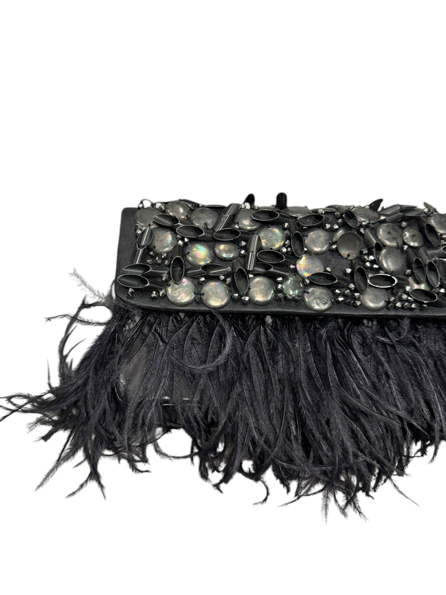 CHRISTIAN LACROIX 2000s BLACK LEATHER & OSTRICH FEATHERS EMBELLISHED CLUTCH & GLOVES