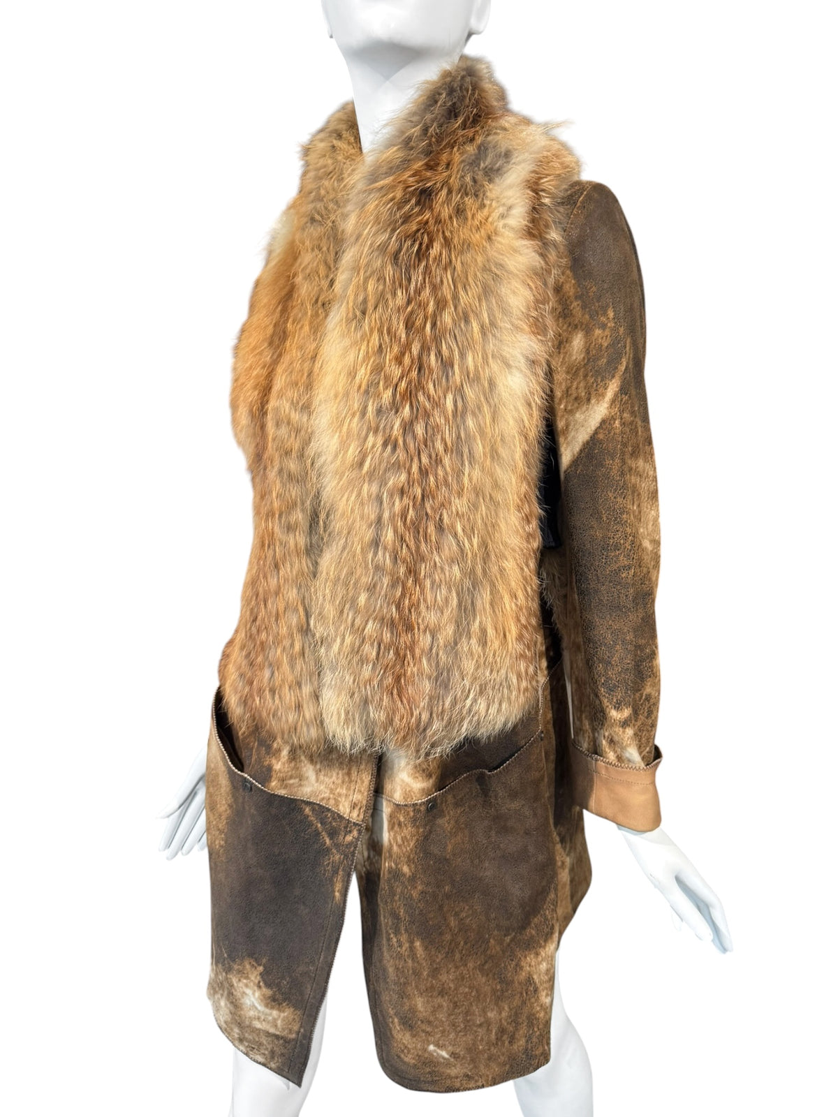 PLEIN SUD JEANIUS FW2011 BROWN LEATHER & FUR 2P. COAT