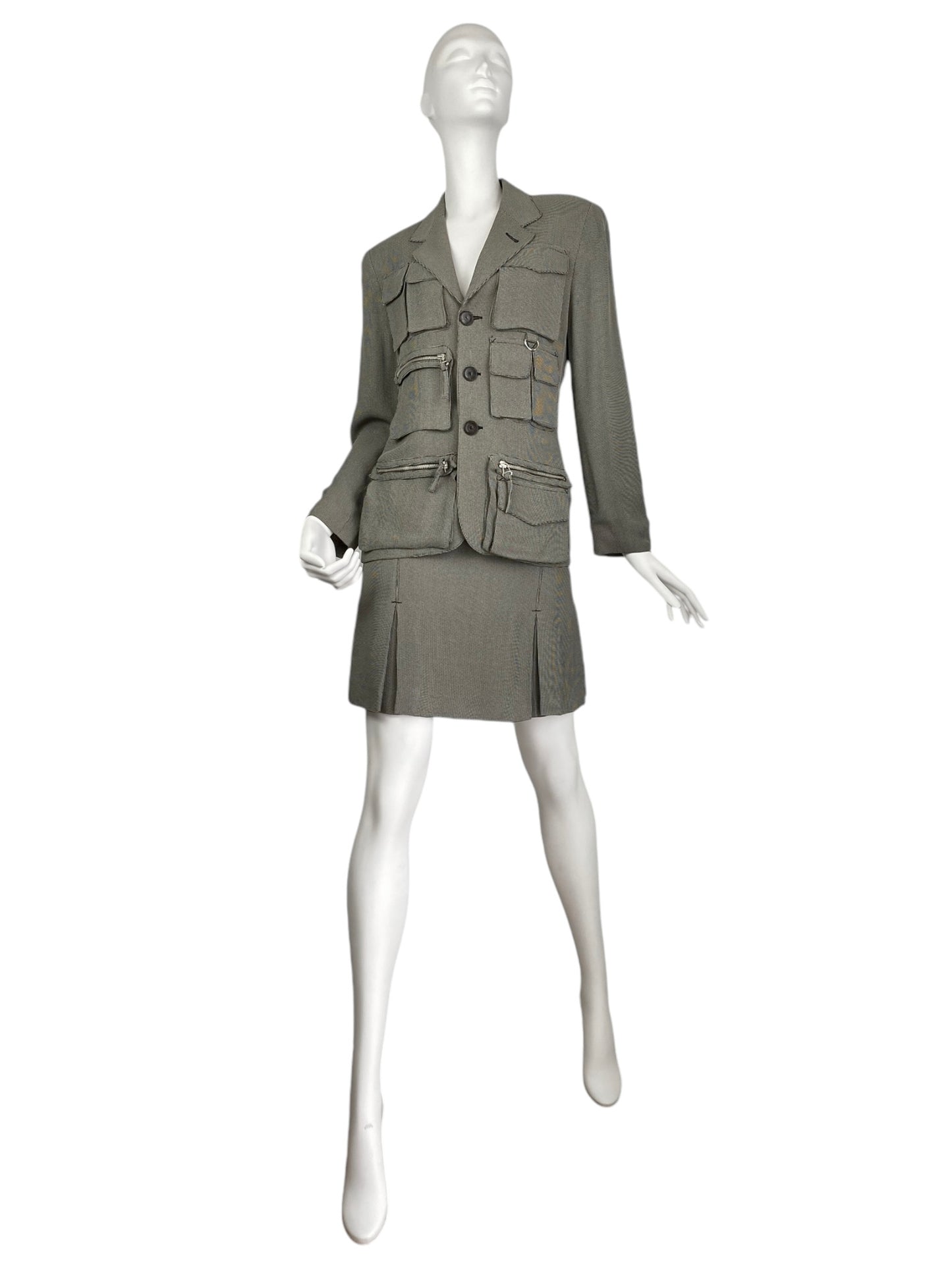 JEAN-PAUL GAULTIER 1980s LIGHT GREEN/GREY CHECKERED UTILITY POCKET SKIRT SUIT (BLAZER & SKIRT)