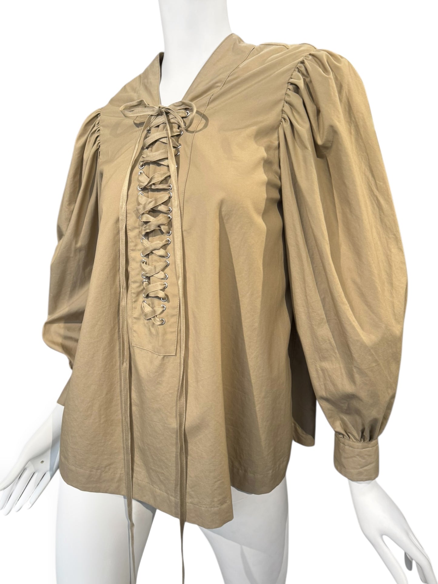 NOIR KEI NINOMIYA SS2022 BEIGE LACE-UP NECKLINE PUFFY SLEEVES TOP