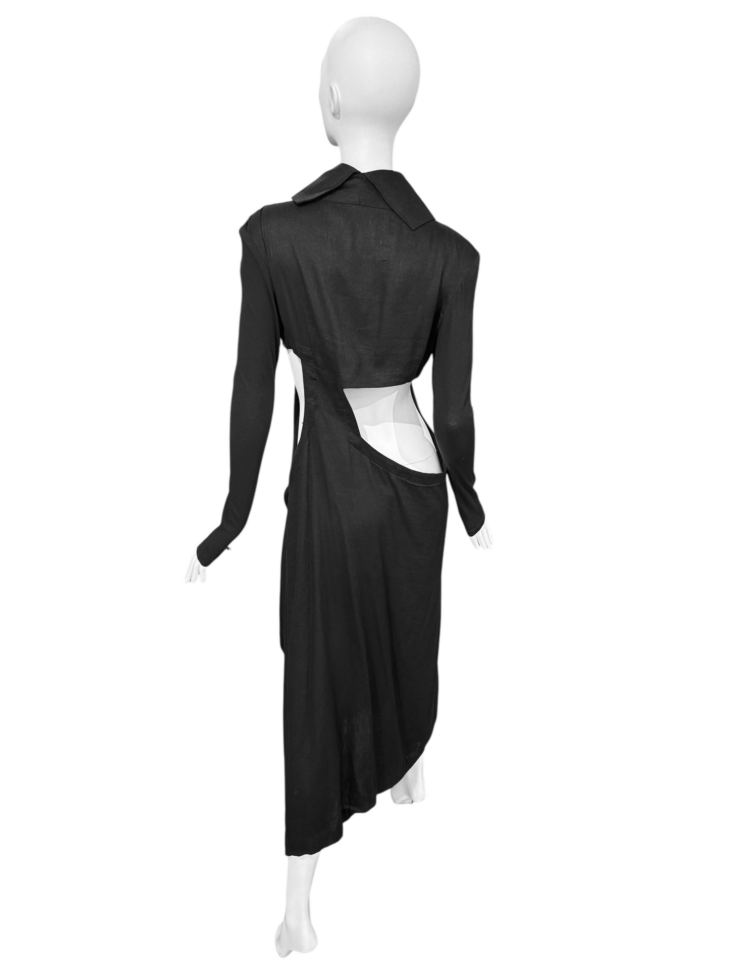 YOHJI YAMAMOTO SS2019 BLACK LINEN DOUBLE BREASTED CUT OUT MAXI DRESS