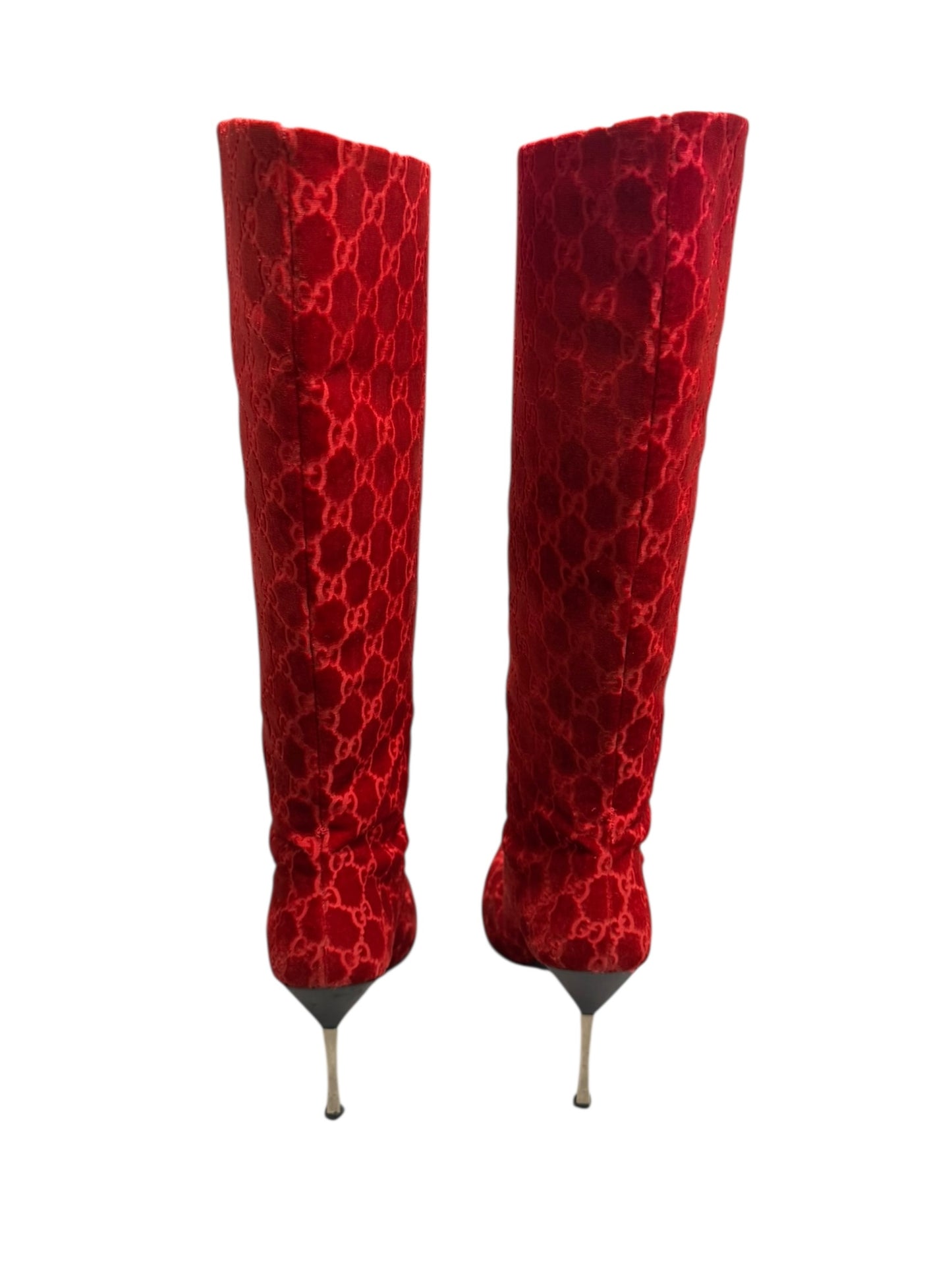 GUCCI FW1997 BY TOM FORD RED VELVET ‘GG’ MONOGRAM BOOTS