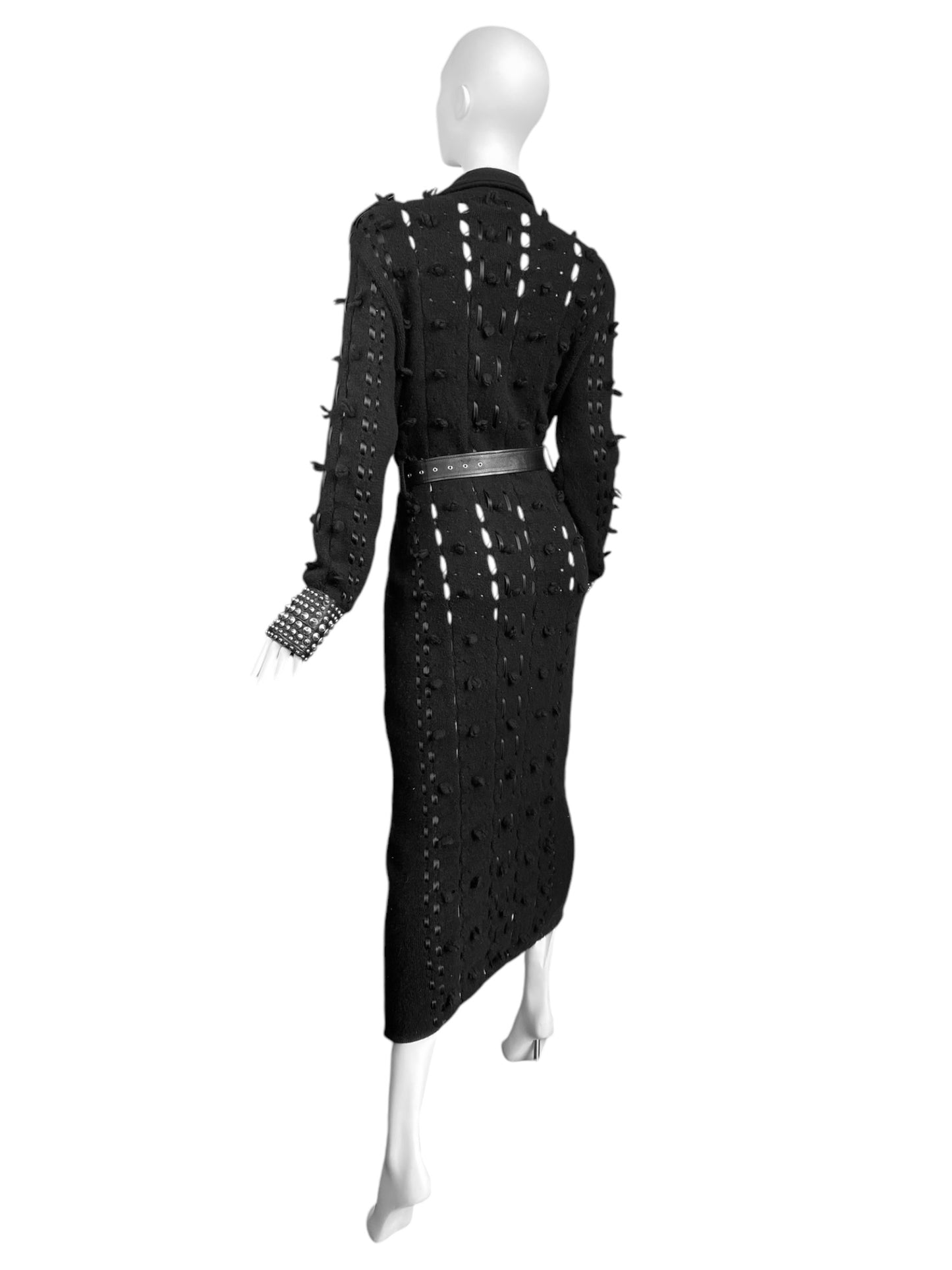 DIOR FW2004 BY GALLIANO BLACK WOOL LACED STUDDED MAXI COAT