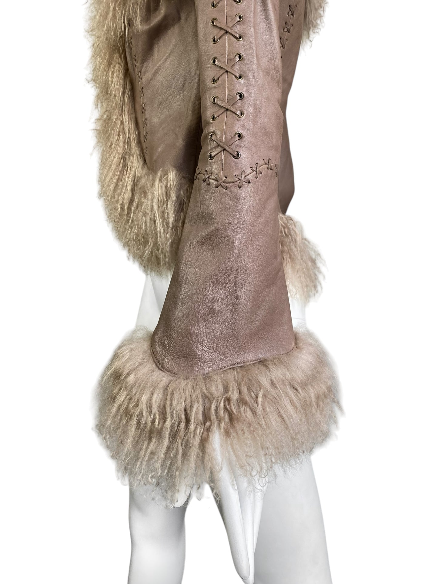 JUST CAVALLI 2000s BEIGE LEATHER LACED MONGOLIAN LAMB FUR TRIM JACKET