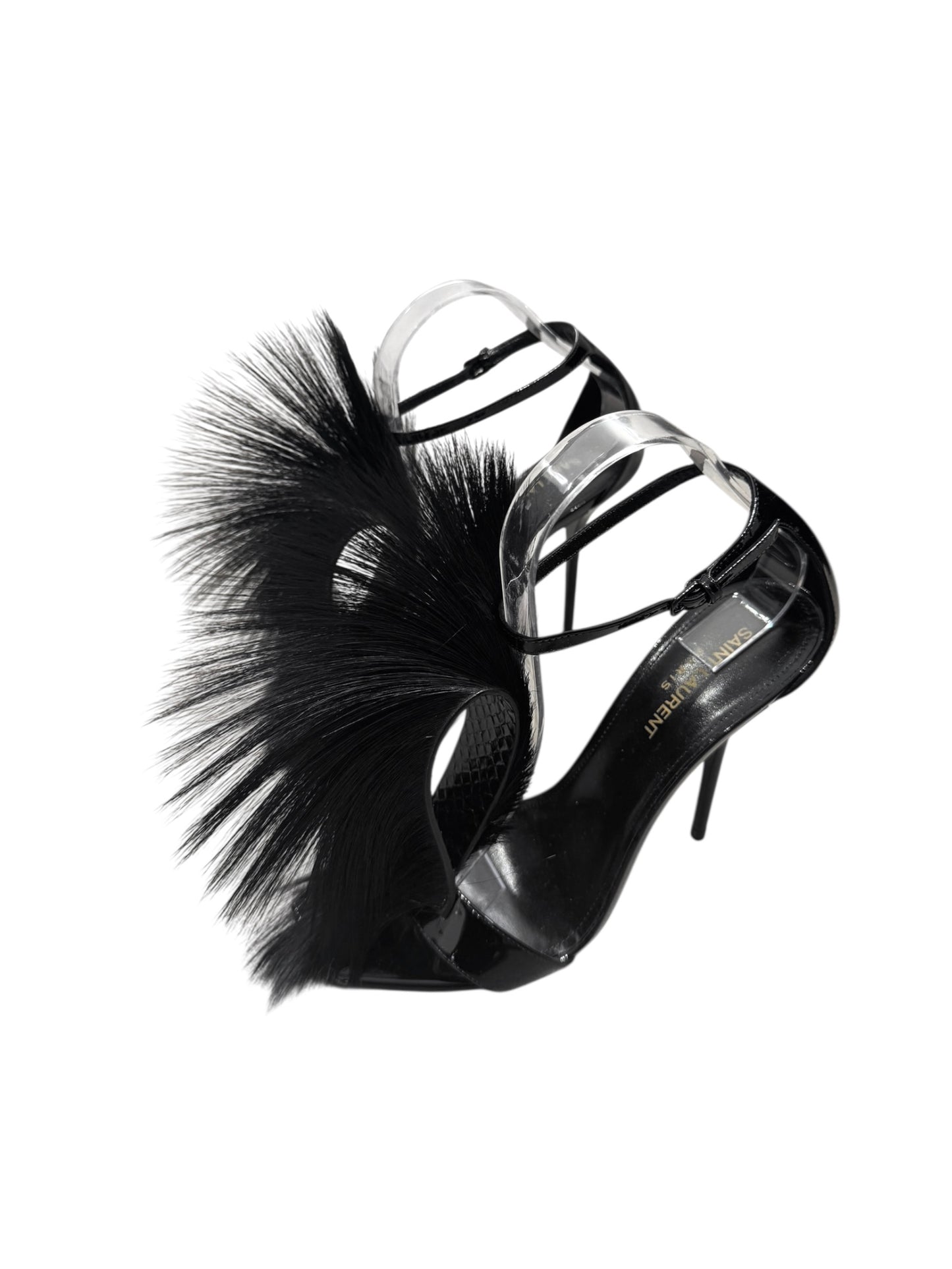 SAINT LAURENT FW2018 BY ANTHONY VACCARELLO BLACK LEATHER & ANTILOPE FUR STRAPPY HEELED SANDALS