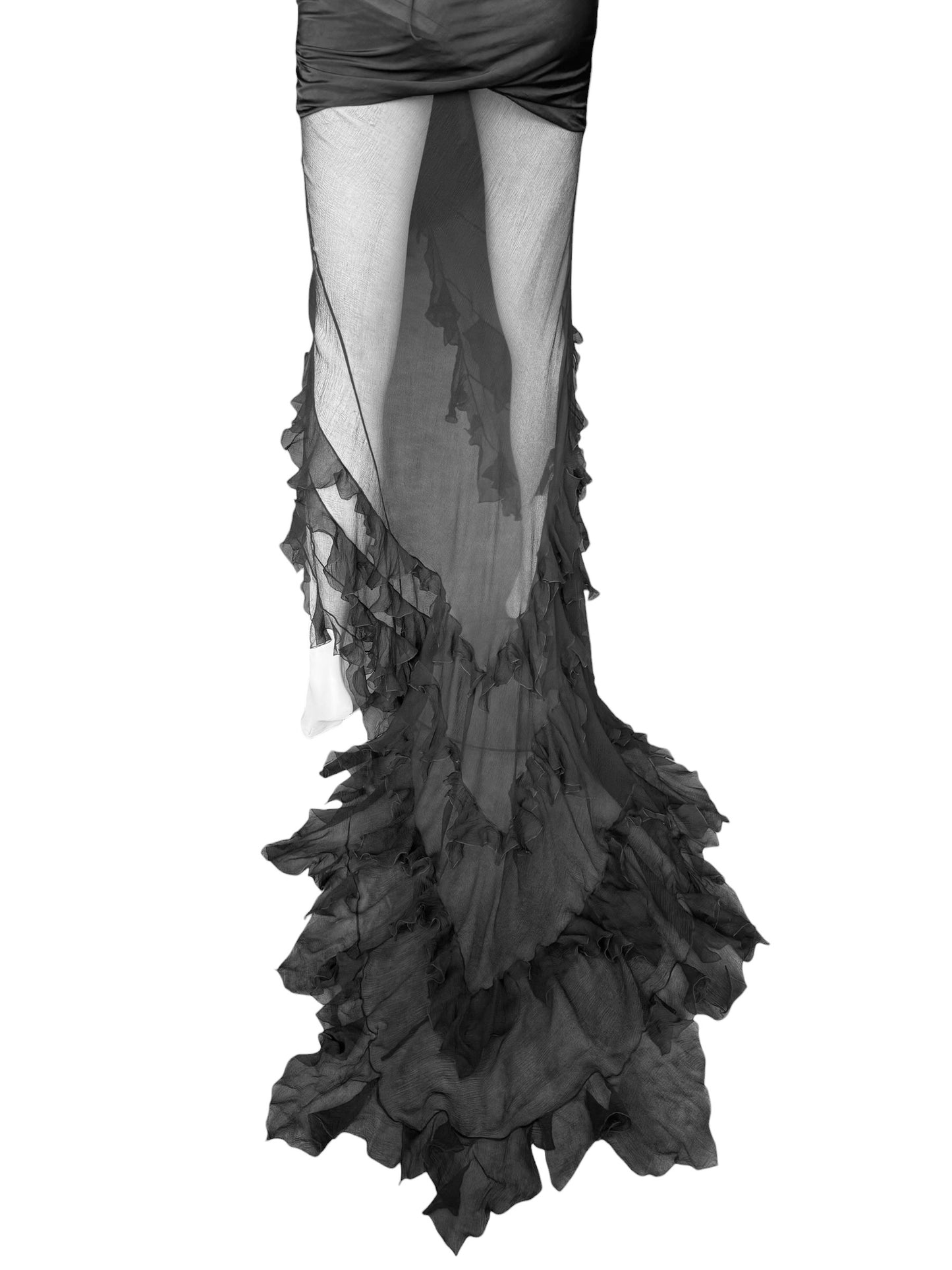 CHRISTIAN DIOR FW2006 BY JOHN GALLIANO BLACK SILK ASYMMETRICAL RUFFLES TRAIN MAXI DRESS