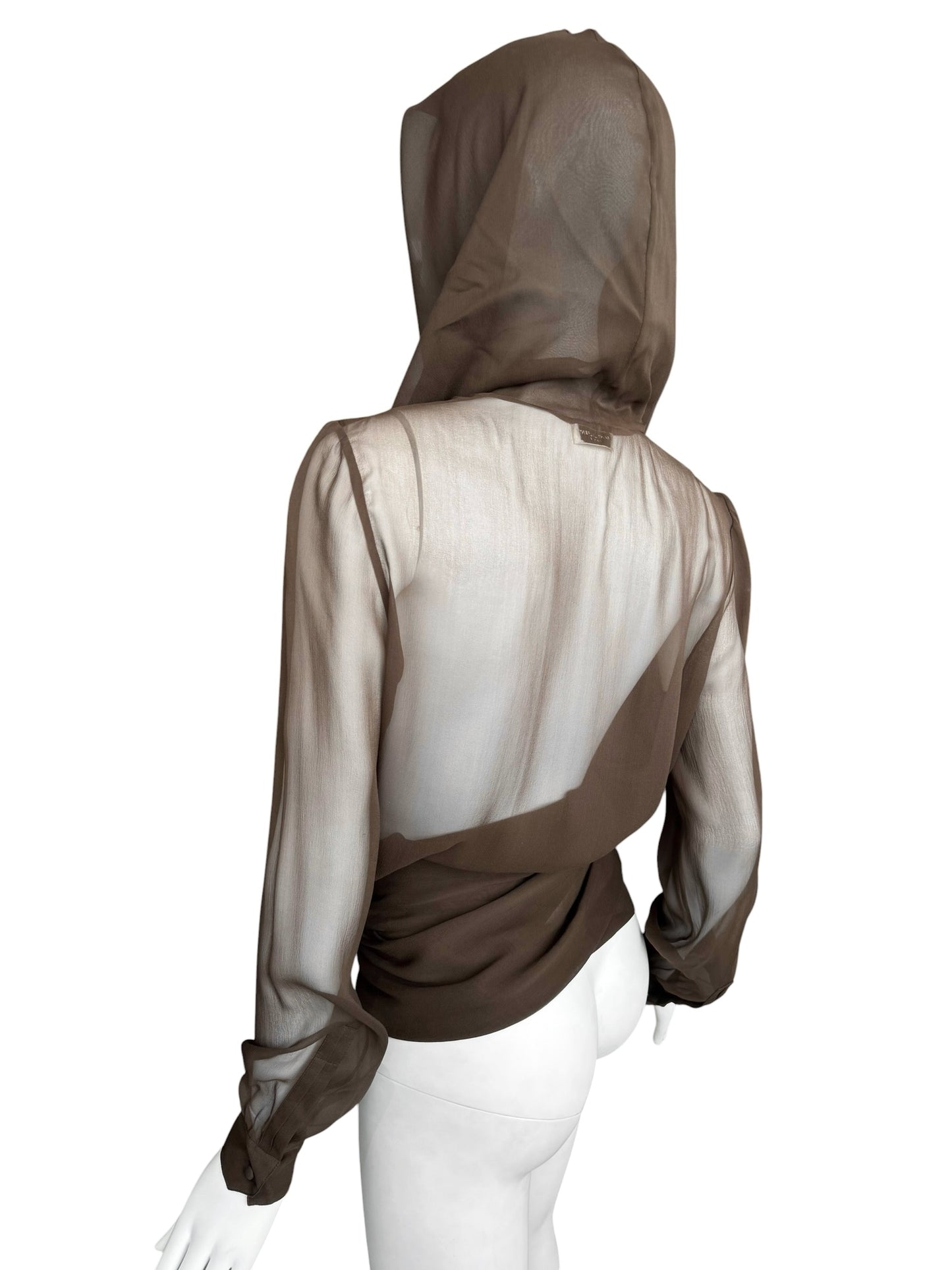 SAINT LAURENT PRE-FALL 2023 BY ANTHONY VACCARELLO BROWN SILK HOODED WRAP BLOUSE