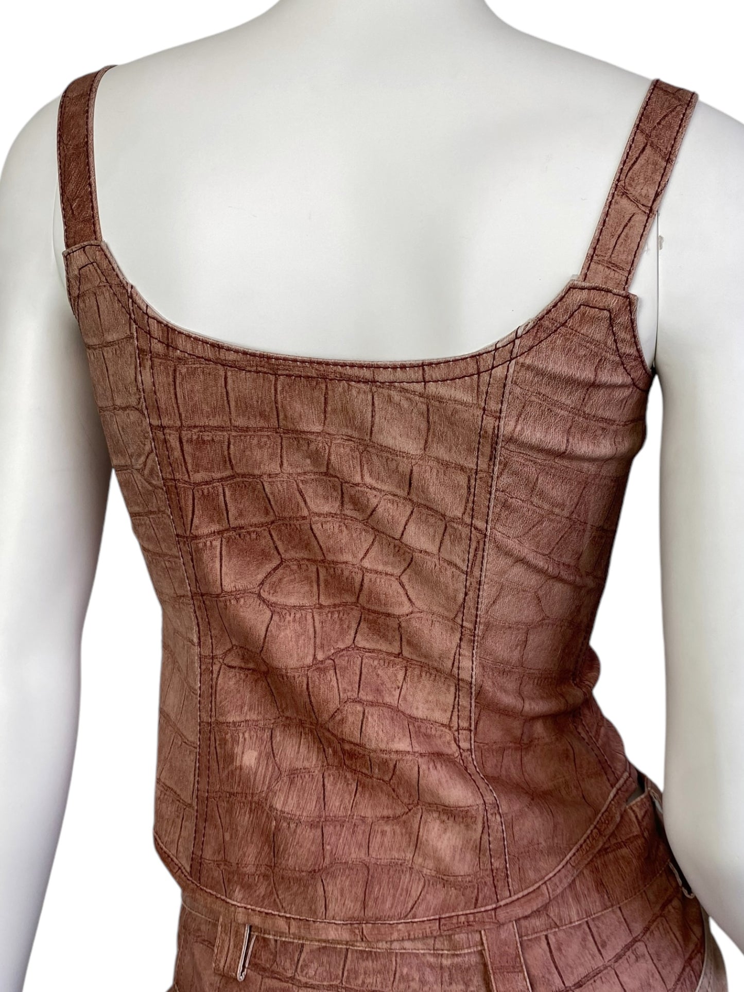 PLEIN SUD JEANS 2000s COPPER LEATHER CROCODILE EMBOSSED 2p. SET (CORSET + CAPRI PANTS)