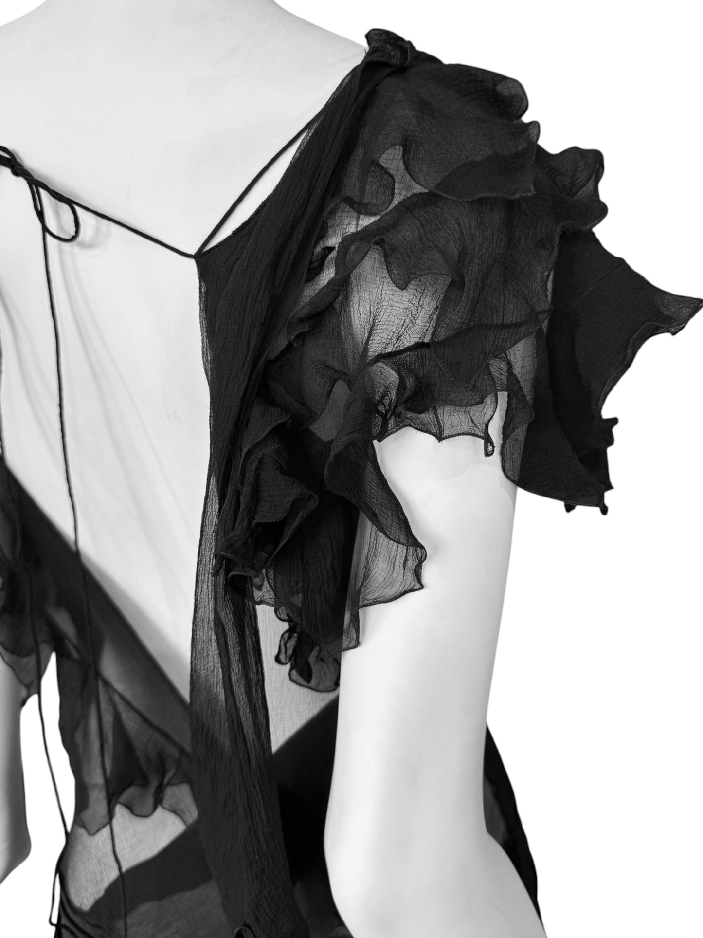 CHRISTIAN DIOR FW2006 BY JOHN GALLIANO BLACK SILK ASYMMETRICAL RUFFLES TRAIN MAXI DRESS