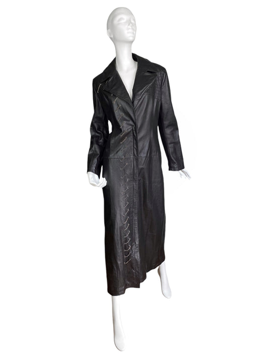 ZNJEANS 2000s DARK BROWN LEATHER LACED MAXI COAT