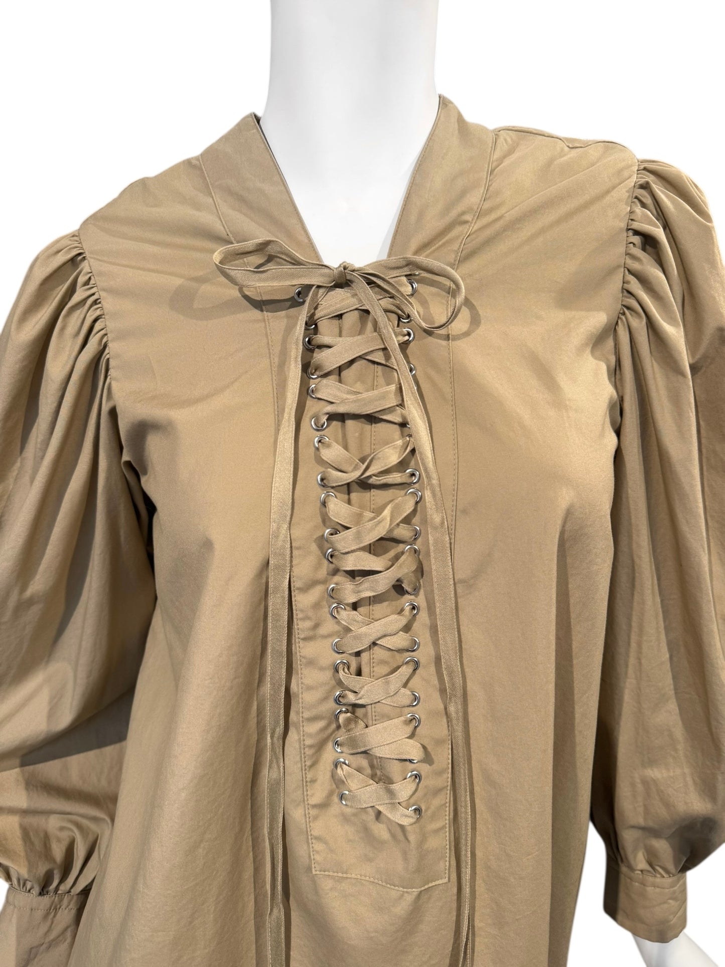 NOIR KEI NINOMIYA SS2022 BEIGE LACE-UP NECKLINE PUFFY SLEEVES TOP