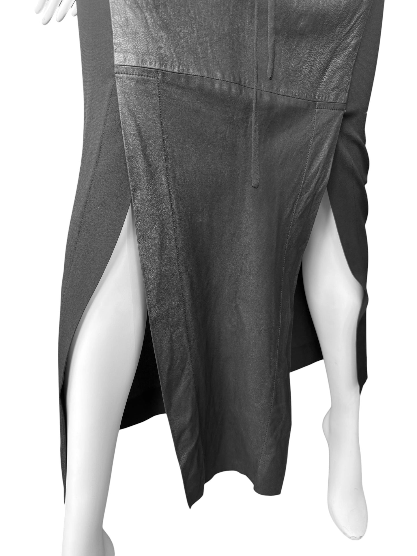 ILARIA NISTRI 2010s BLACK LEATHER & SILK MAXI SKIRT