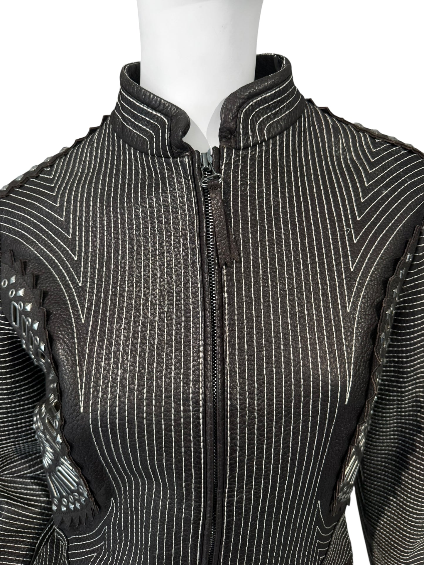 GIANFRANCO FERRE SS2004 DARK BROWN LEATHER GROMMET & STUD EMBELLISHED JACKET
