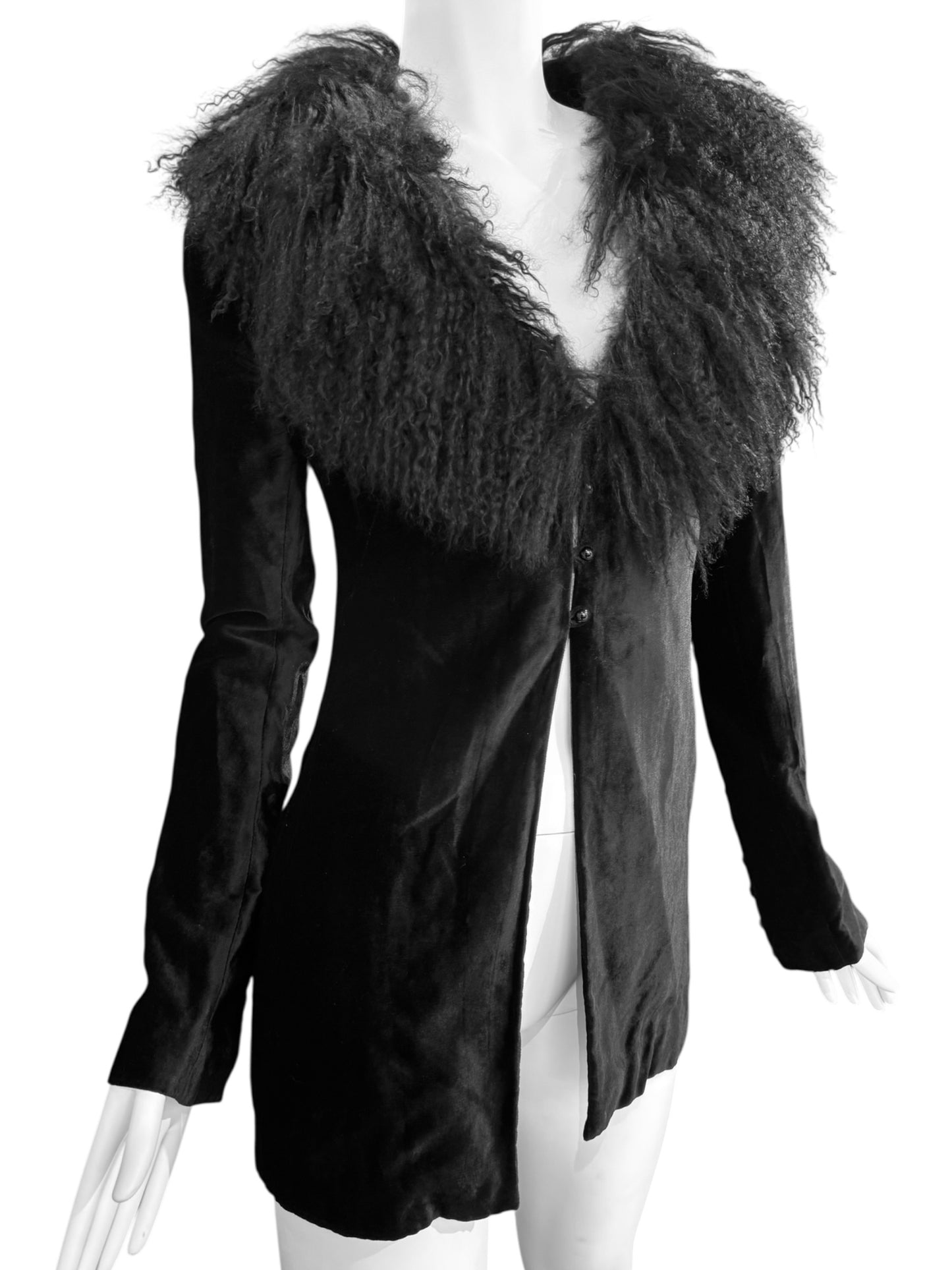 PLEIN SUD FW1994 BLACK VELVET & MONGOLIAN LAMB FUR JACKET