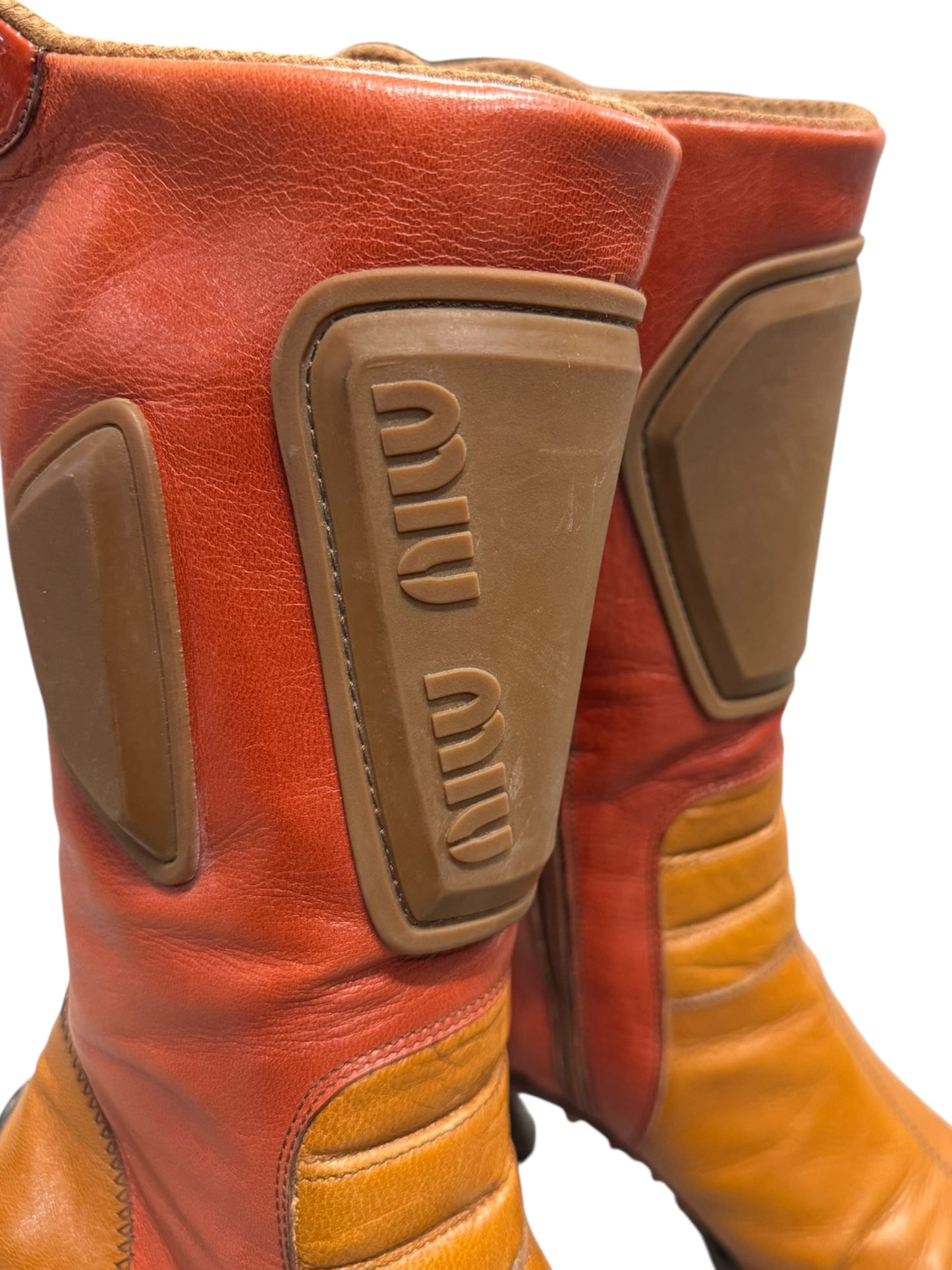 MIU MIU FW1999 ORANGE/RED/BROWN LEATHER BUBBLE SOLE BIKER BOOTS