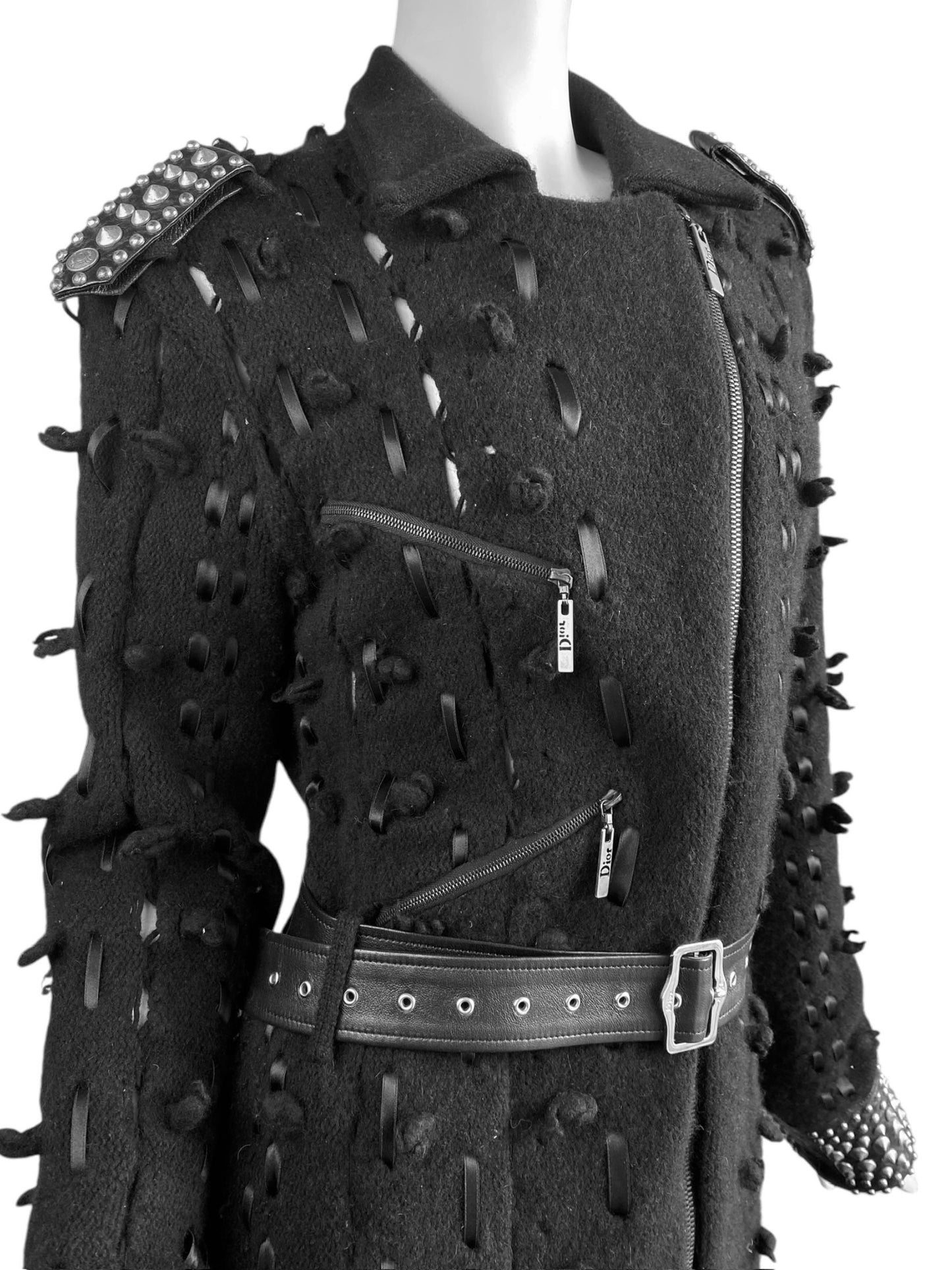 DIOR FW2004 BY GALLIANO BLACK WOOL LACED STUDDED MAXI COAT