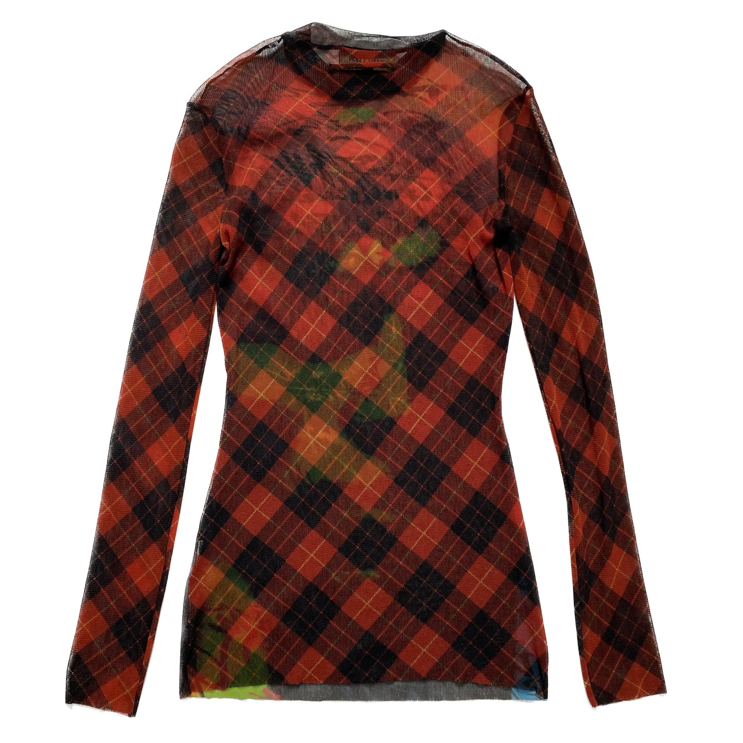 JEAN-PAUL GAULTIER FW1997 RED GRAFFITI TARTAN MESH TOP