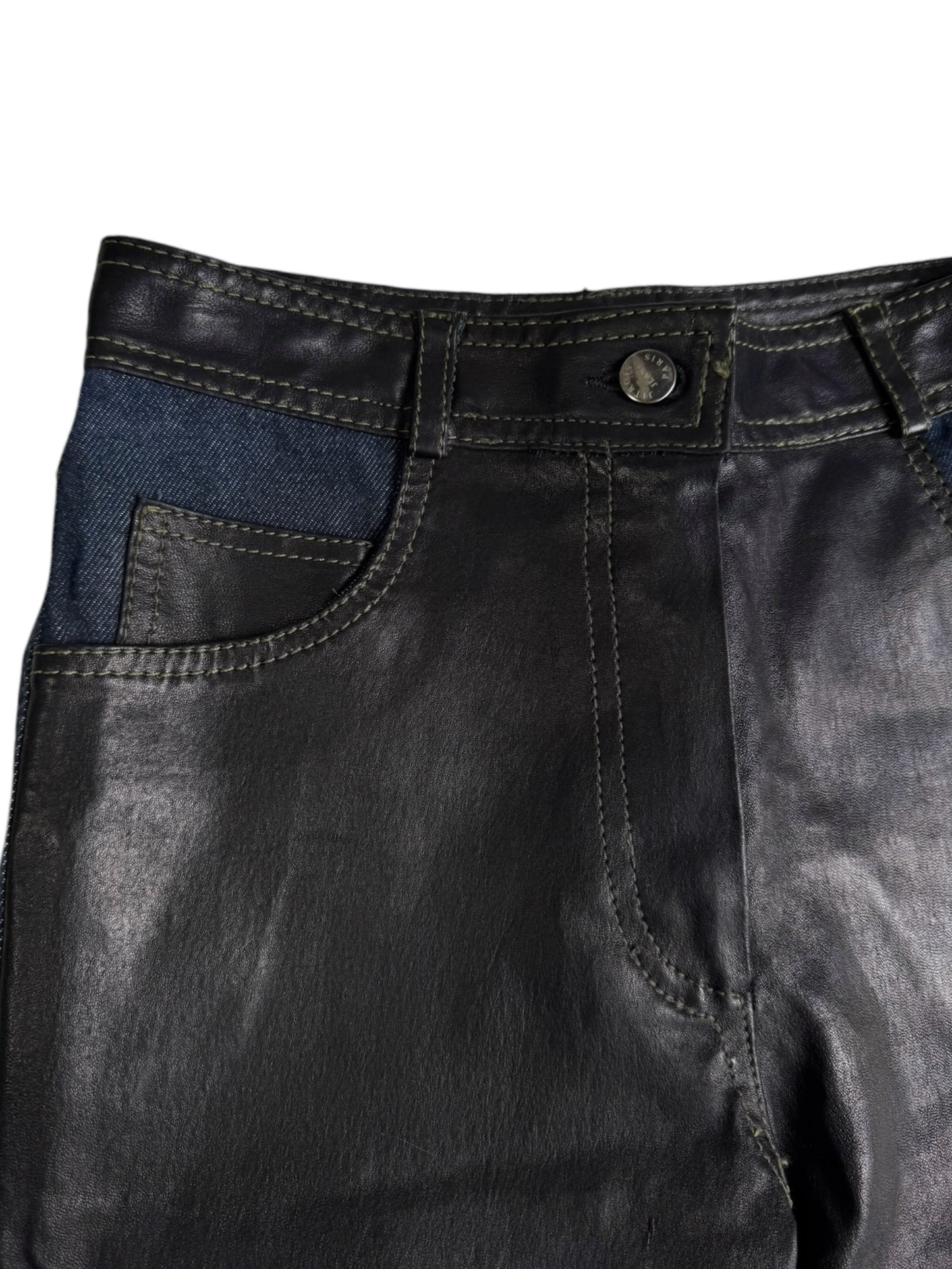 JITROIS 2010s BLACK LEATHER BLUE DENIM PANTS