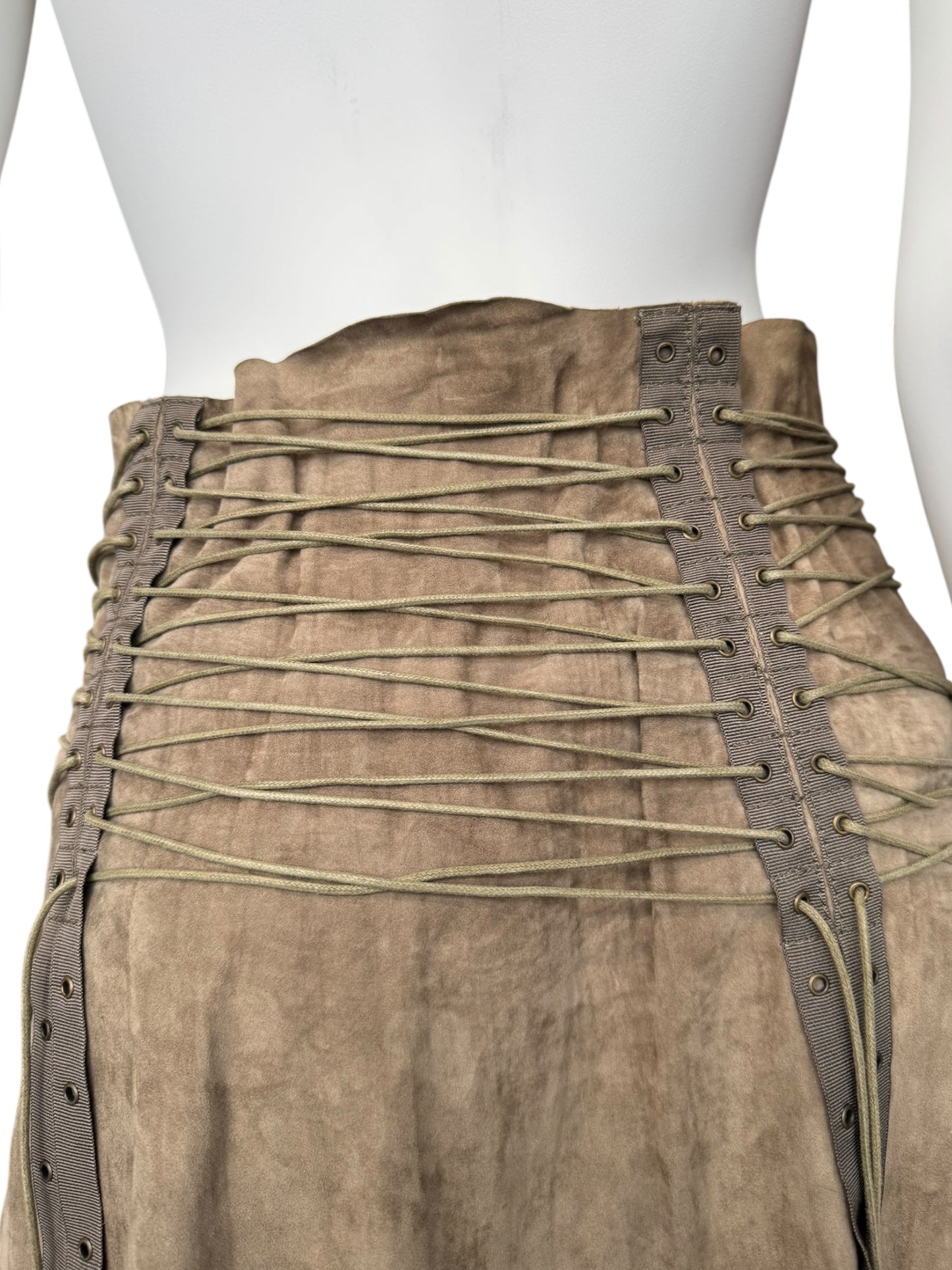 PLEIN SUD SS2003 KHAKI SUEDE LEATHER LACE-UP MINI SKIRT