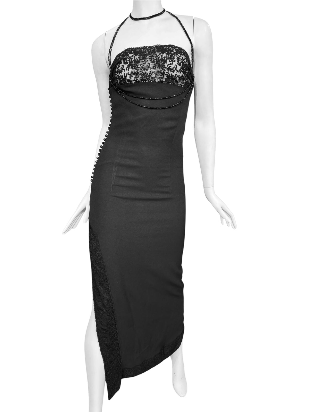 CHRISTIAN DIOR FW1997 BY JOHN GALLIANO BLACK LACE & BEADS MAXI DRESS