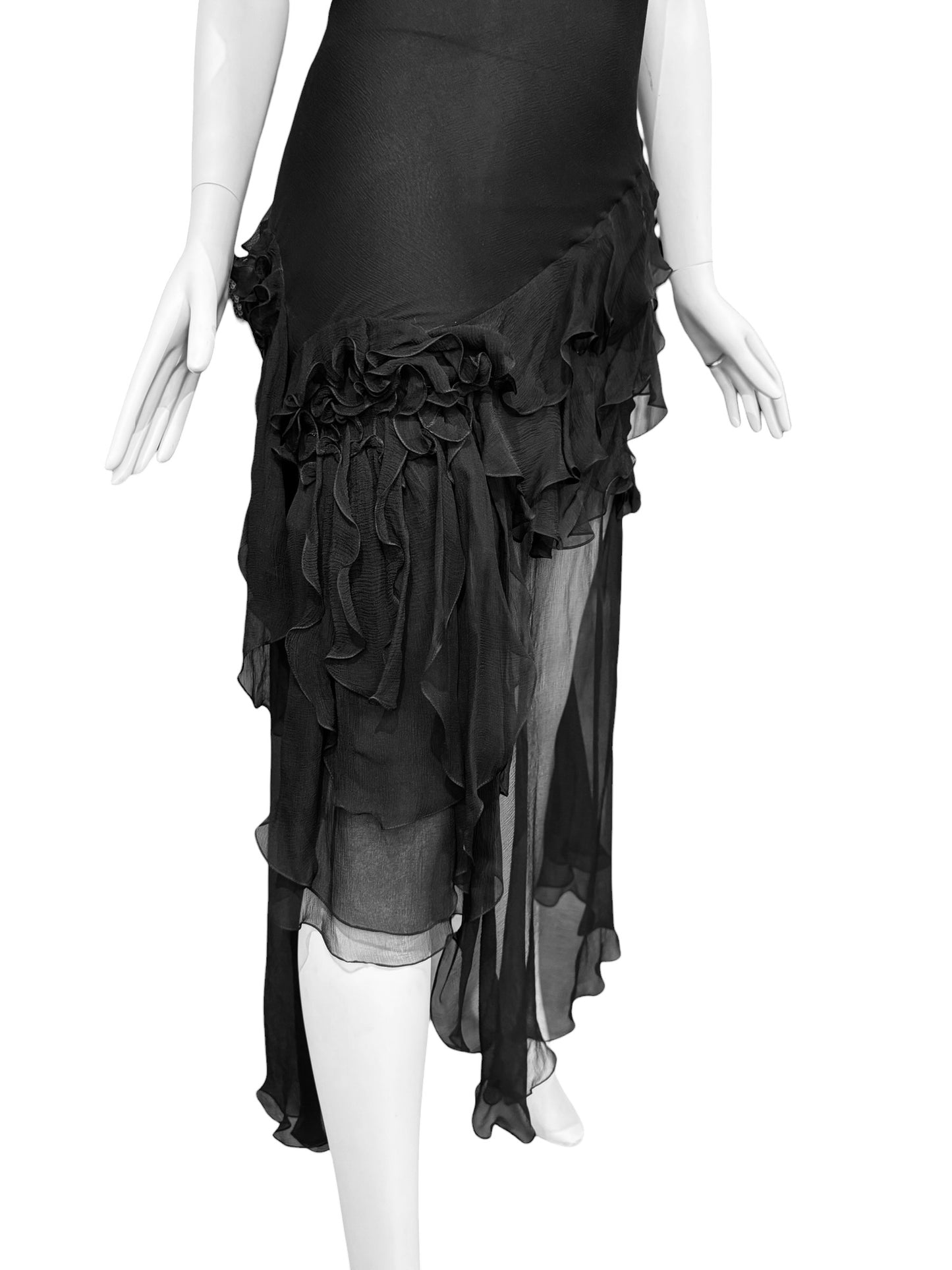 JOHN GALLIANO FW2004 BLACK SILK RUFFLES MAXI DRESS