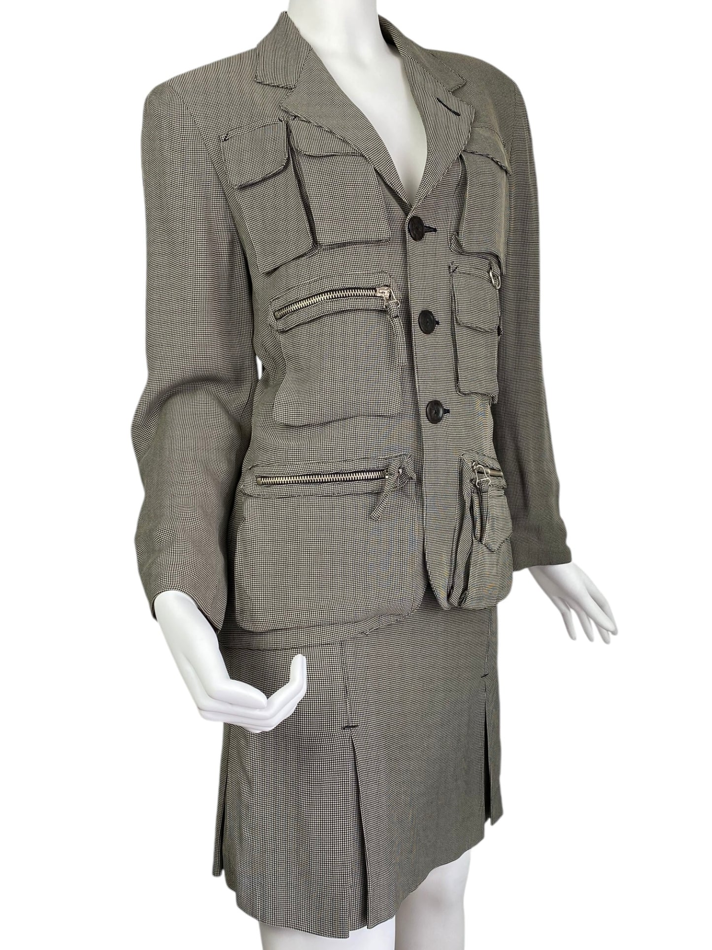 JEAN-PAUL GAULTIER 1980s LIGHT GREEN/GREY CHECKERED UTILITY POCKET SKIRT SUIT (BLAZER & SKIRT)