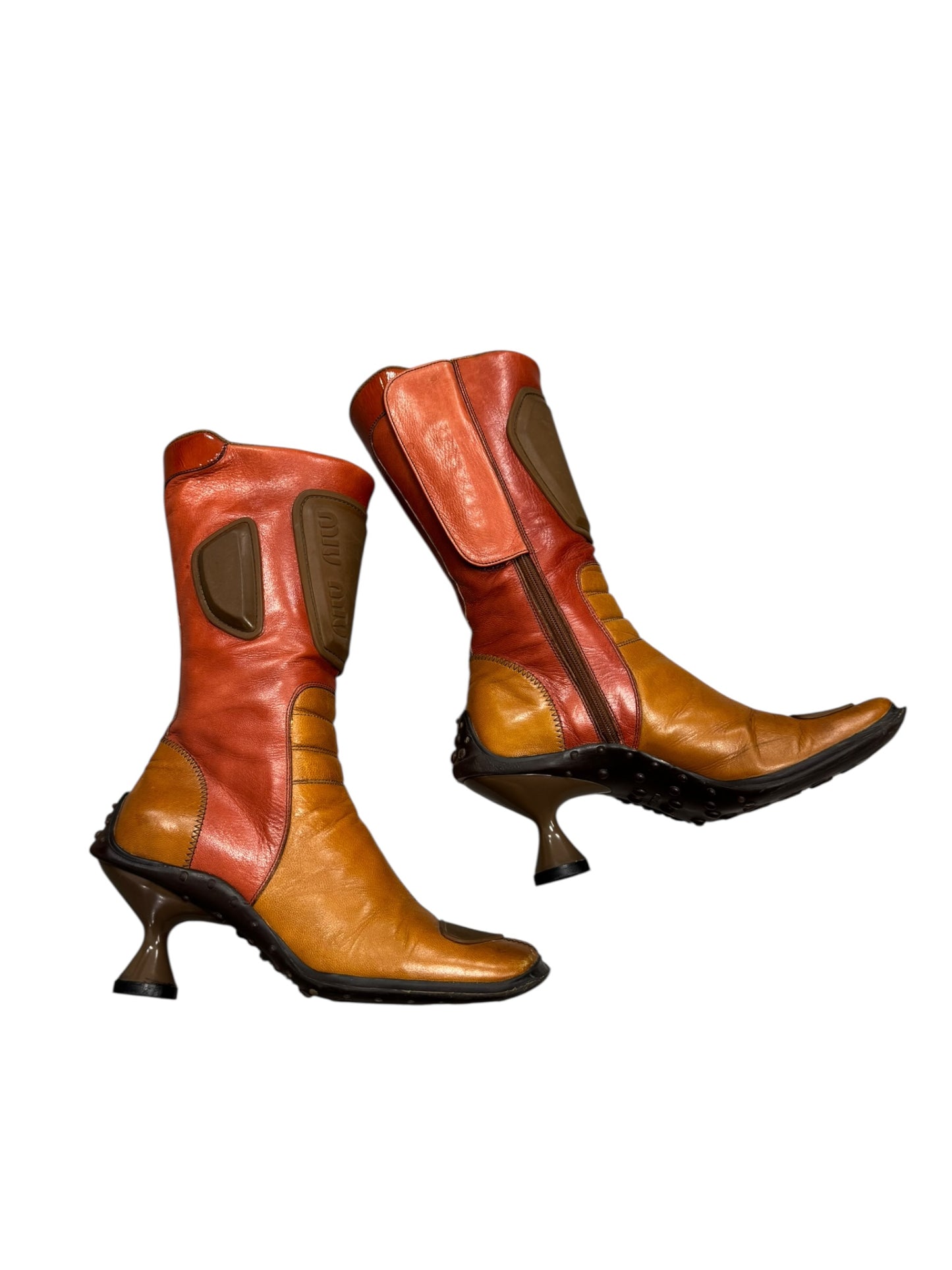 MIU MIU FW1999 ORANGE/RED/BROWN LEATHER BUBBLE SOLE BIKER BOOTS