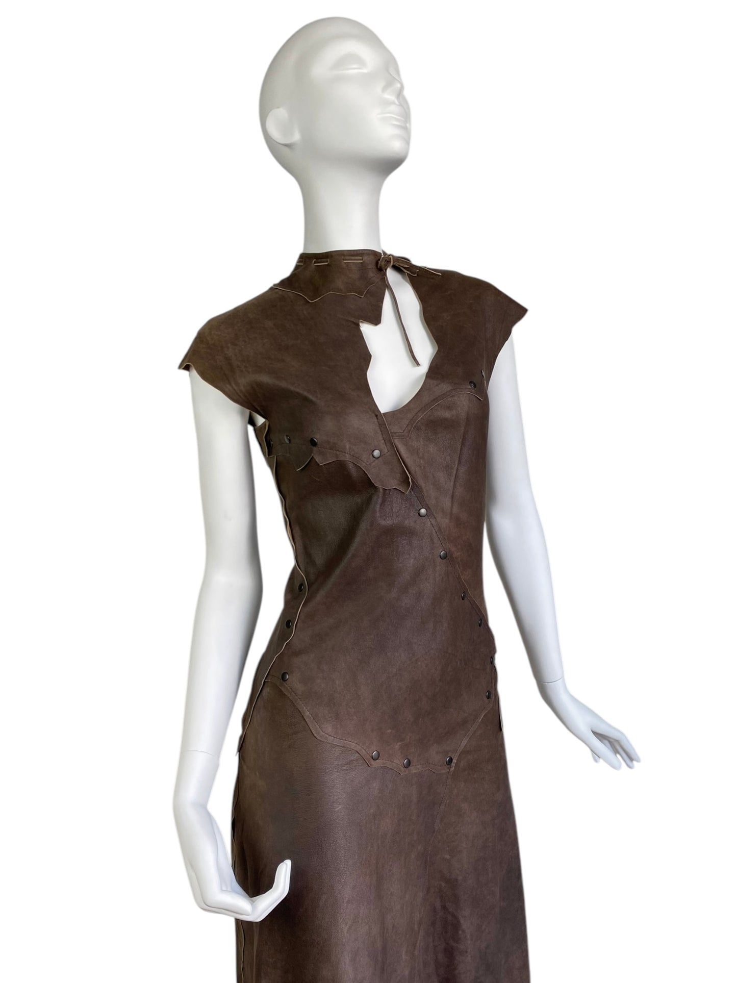 PLEIN SUD 2000s BROWN LEATHER PATCHWORK STUDDED MIDI DRESS