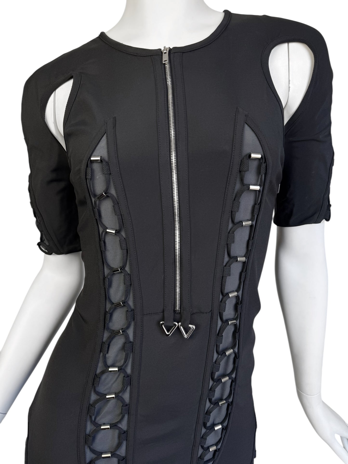 GUCCI SS2010 BY FRIDA GIANNINI BLACK & GREY SILK BLEND CUT-OUT LACE-UP FUTURISTIC MINI DRESS