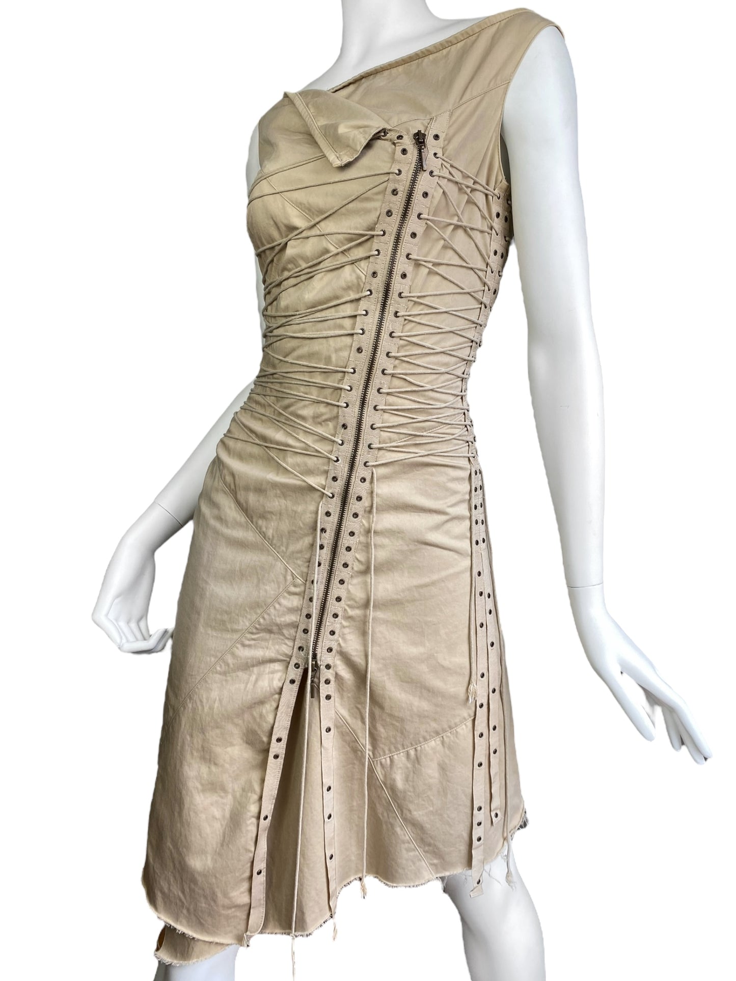 PLEIN SUD SS2003 BEIGE LACED-UP BONDAGE MIDI DRESS