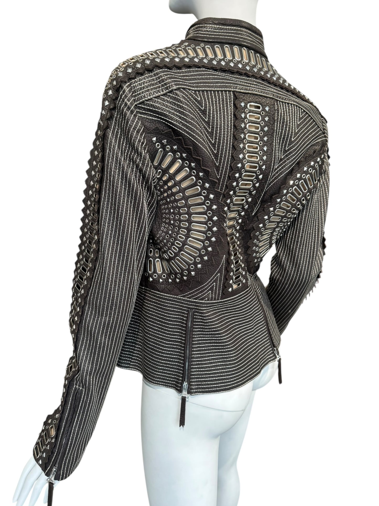 GIANFRANCO FERRE SS2004 DARK BROWN LEATHER GROMMET & STUD EMBELLISHED JACKET