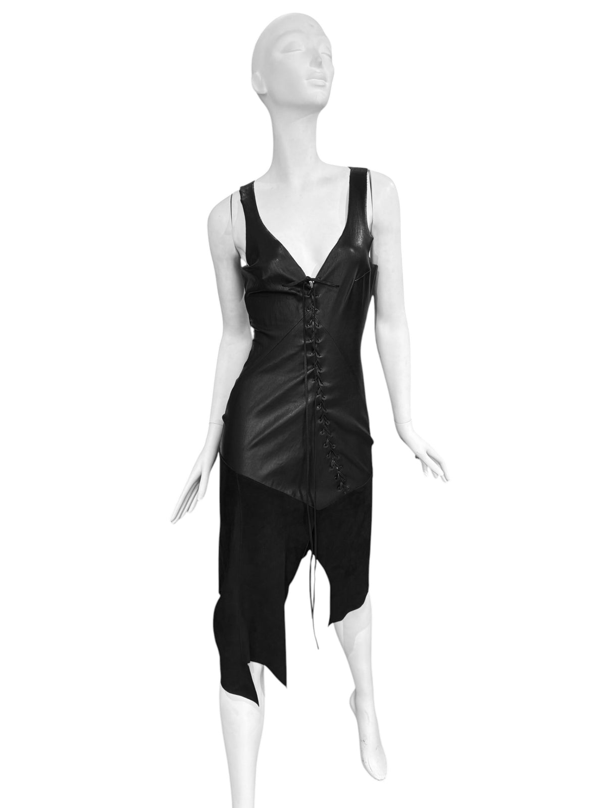 JITROIS 2000s BLACK LEATHER LACE-UP MIDI DRESS