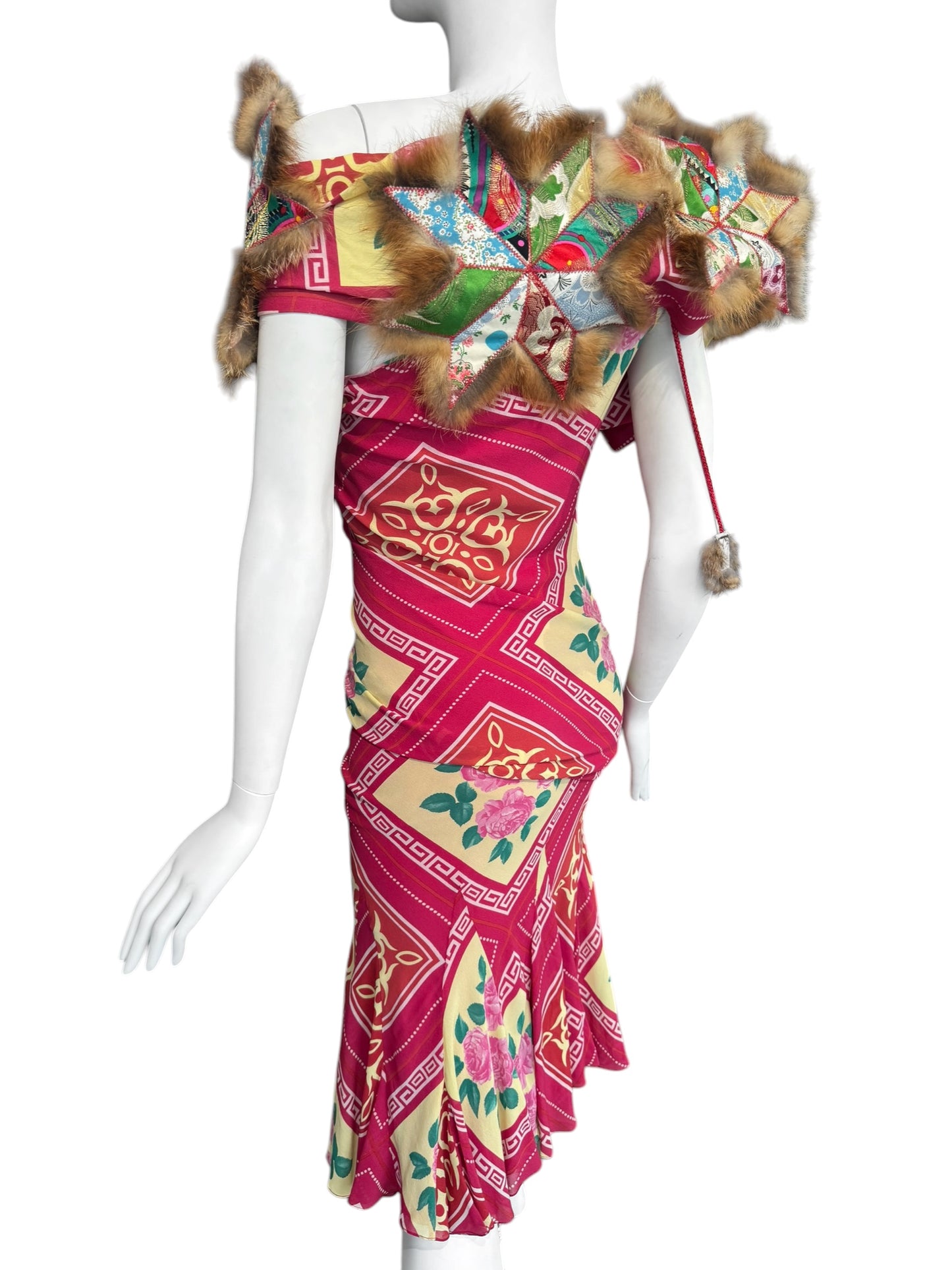 JOHN GALLIANO FW2002 PINK SILK & FUR FOLKLORIC FLORAL PRINT MIDI DRESS