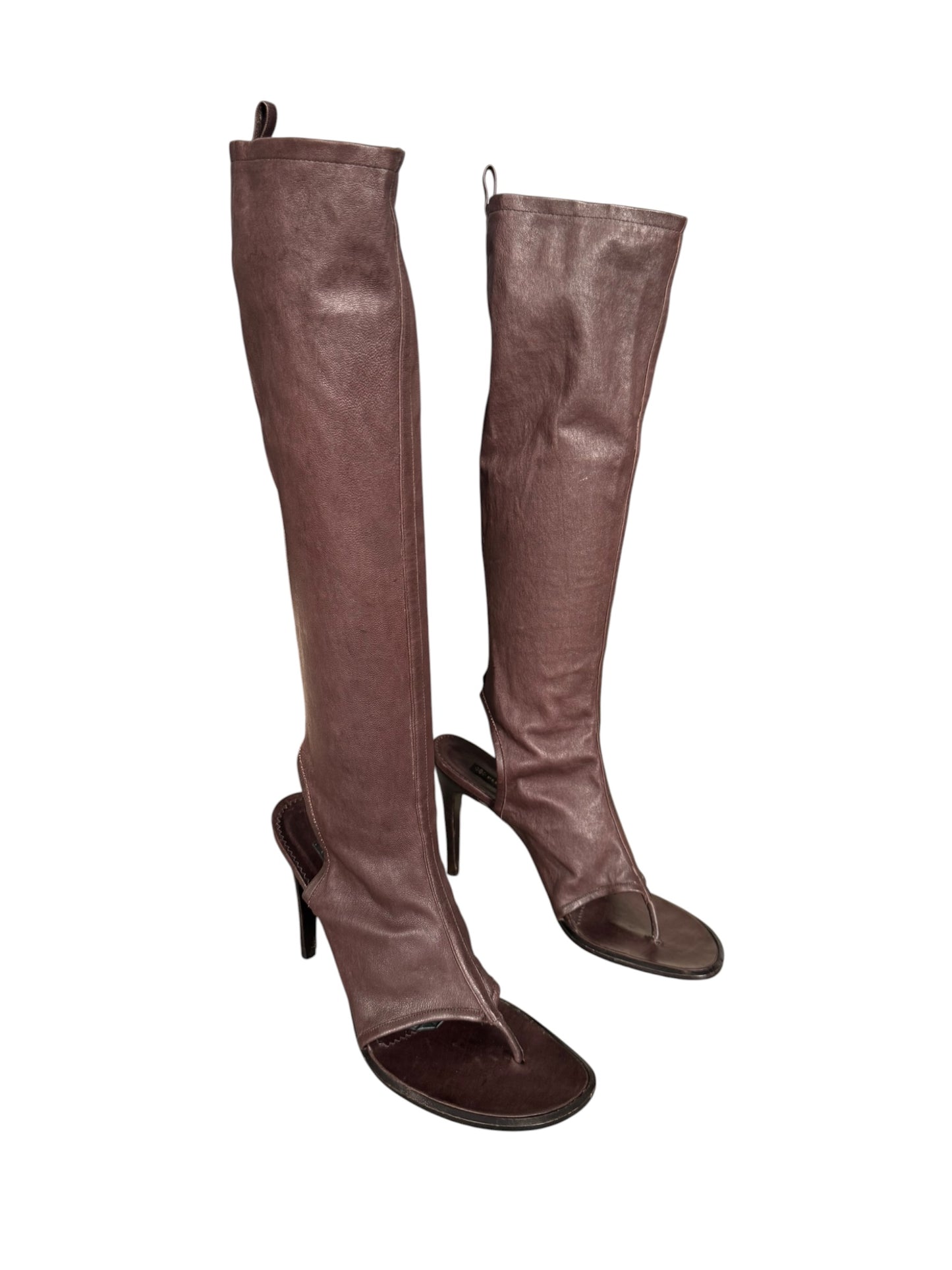 PLEIN SUD SS2004 BROWN LEATHER KNEE-HIGH THONG SANDAL BOOTS