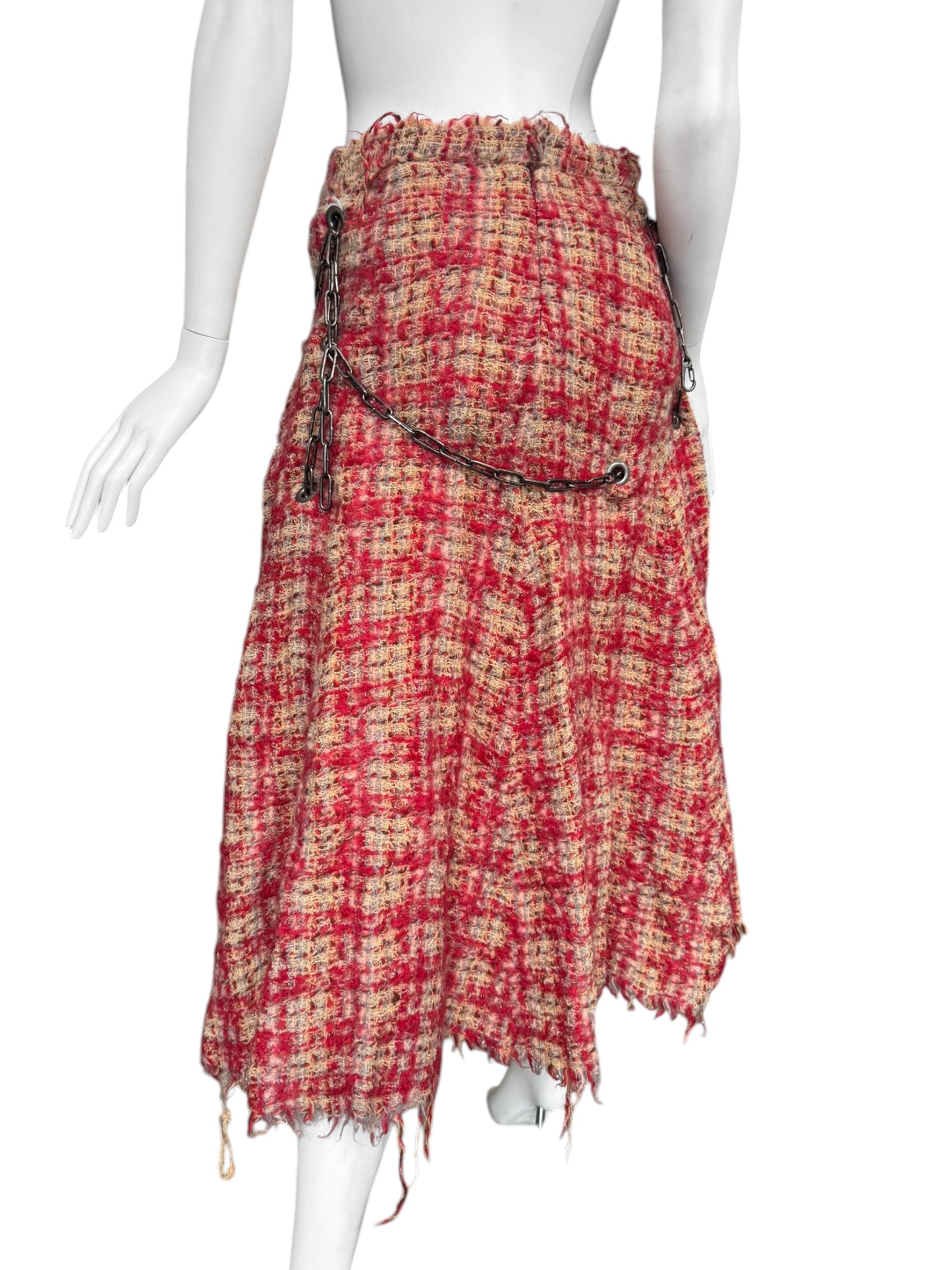 JUNYA WATANABE FW2003 RED WOOL DISTRESS TWEED CHAINS MAXI SKIRT