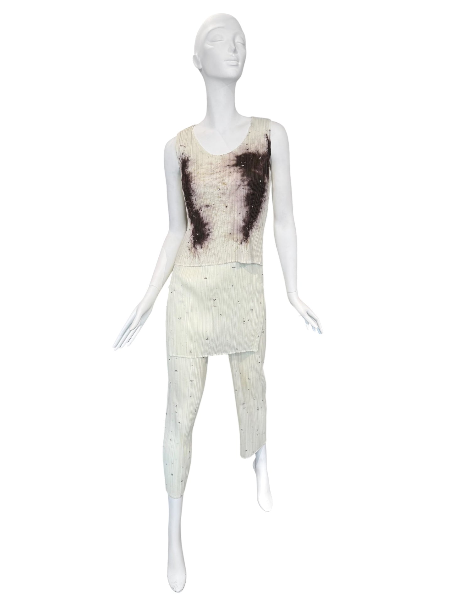 PLEATS PLEASE ISSEY MIYAKE 1998 X CAI GUO-QIANG GUNPOWDER PRINT PLEATED 3P. SET (TOP, PANTS & TUNIC)