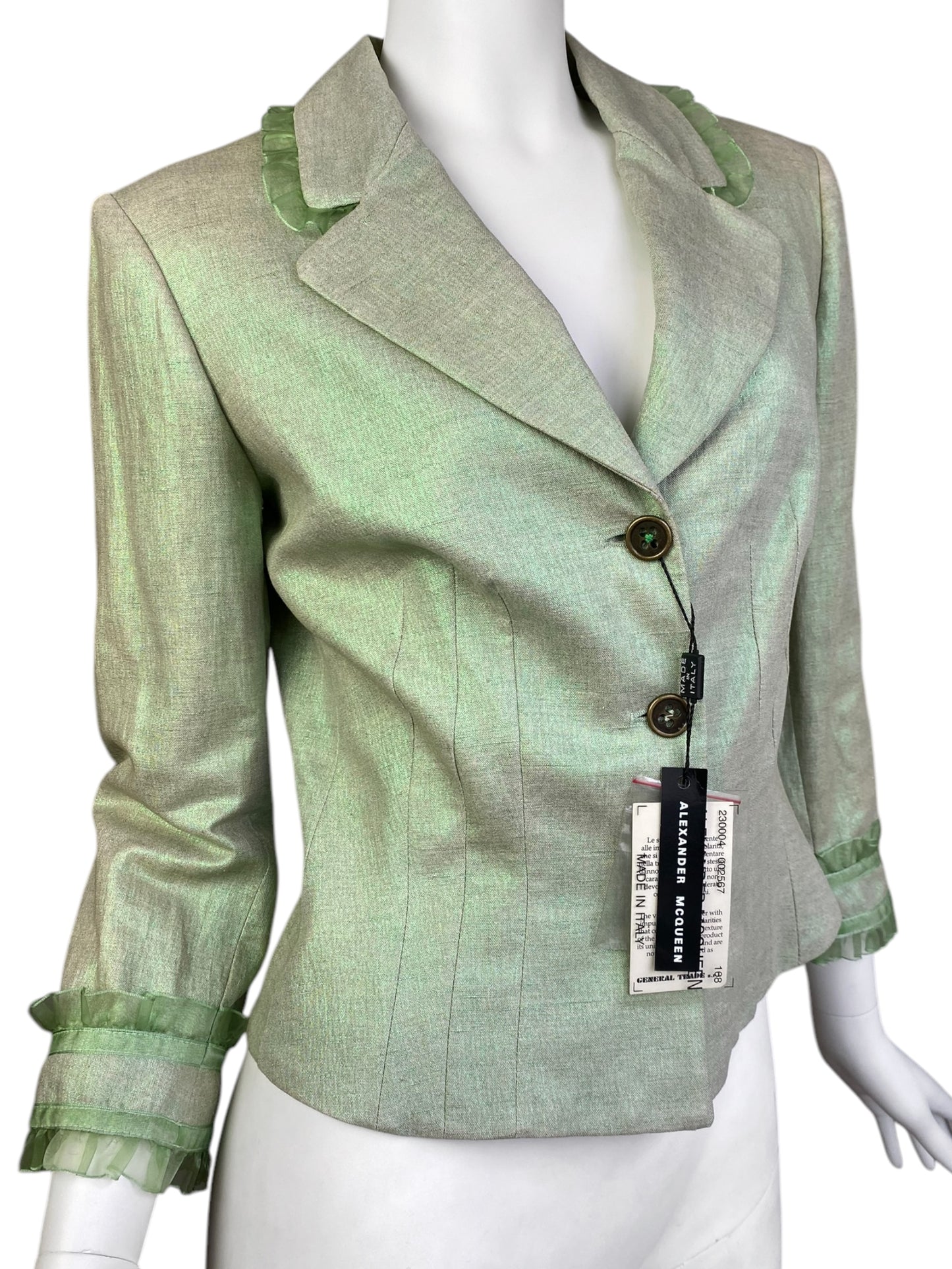 ALEXANDER MCQUEEN C.1995-1996 LIGHT GREEN SHEER RUFFLE TRIM BLAZER