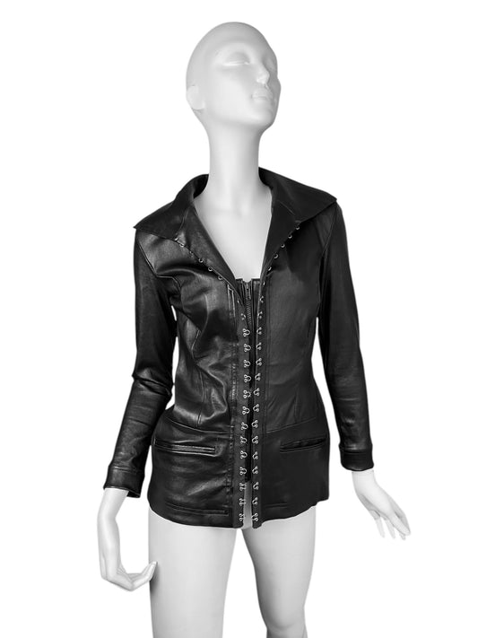 JITROIS 2000s BLACK LEATHER HOOKS ZIP JACKET