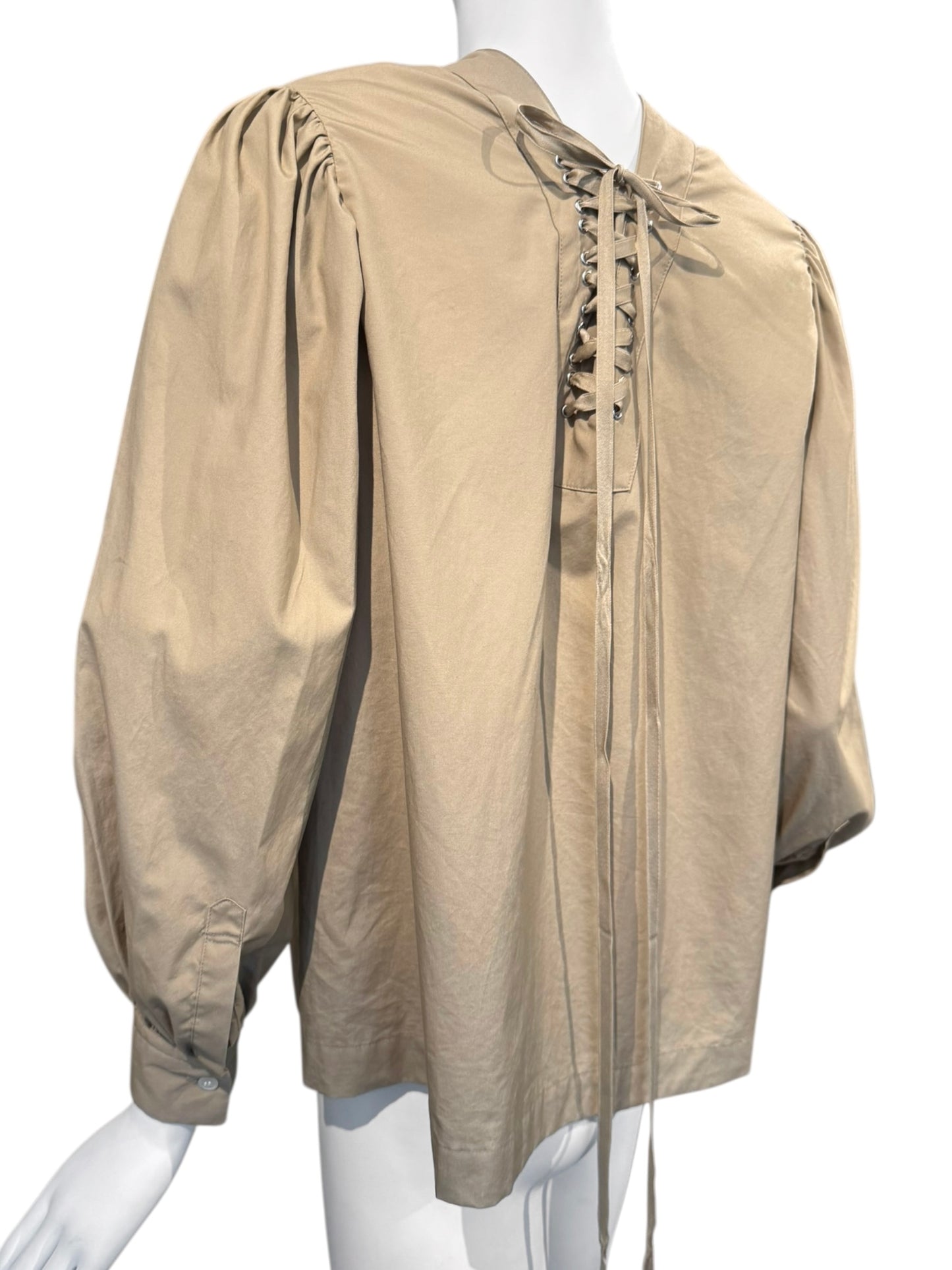 NOIR KEI NINOMIYA SS2022 BEIGE LACE-UP NECKLINE PUFFY SLEEVES TOP
