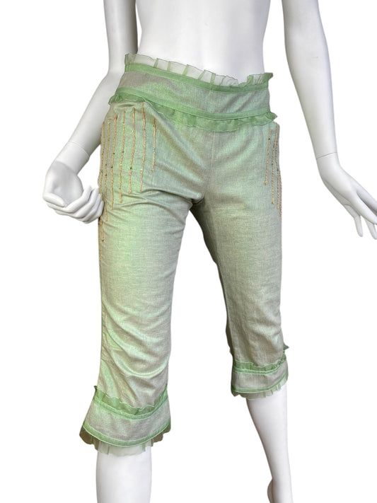 ALEXANDER MCQUEEN C.1995-1996 LIGHT GREEN SHEER RUFFLE TRIM CAPRI PANTS