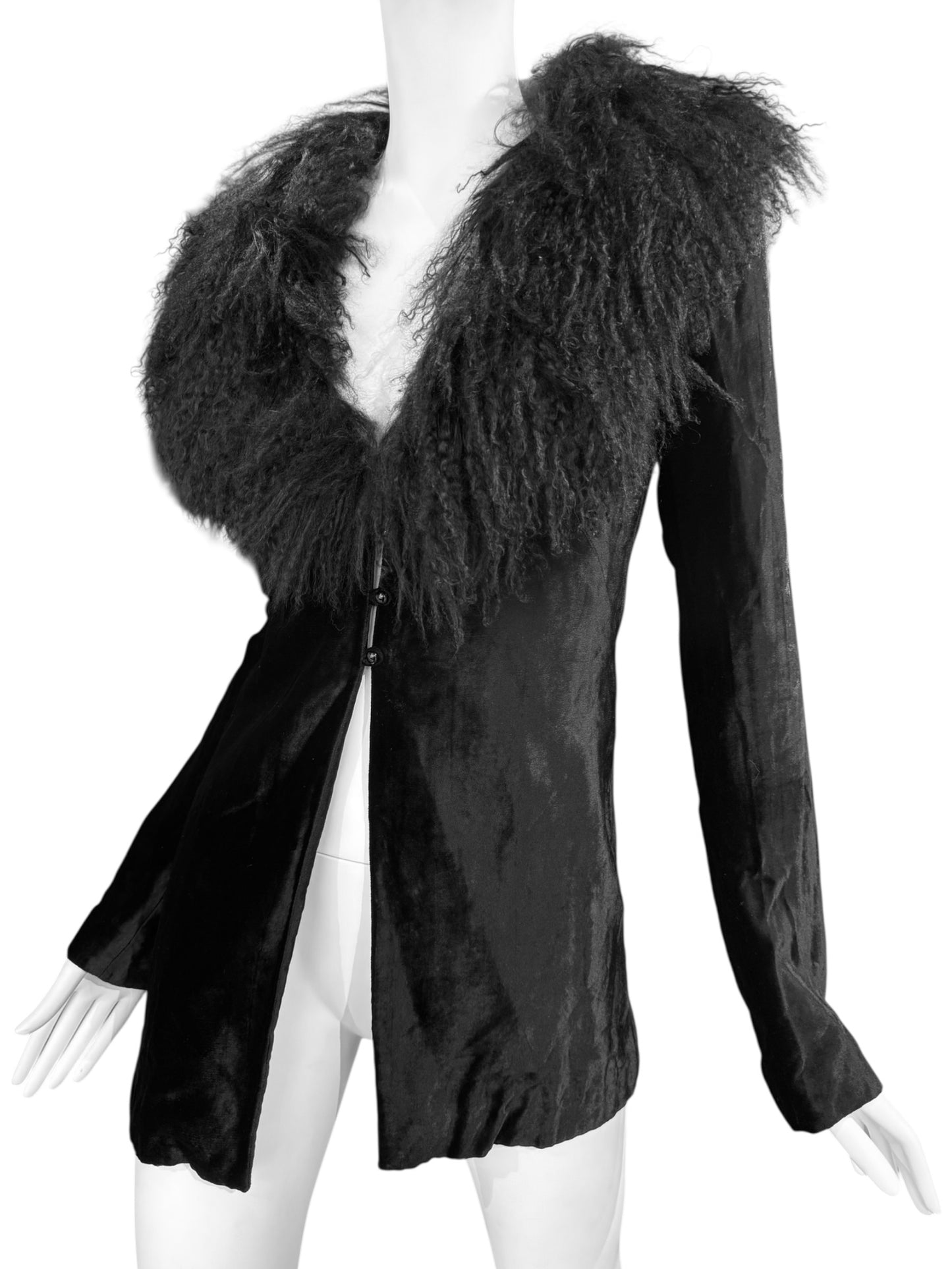 PLEIN SUD FW1994 BLACK VELVET & MONGOLIAN LAMB FUR JACKET