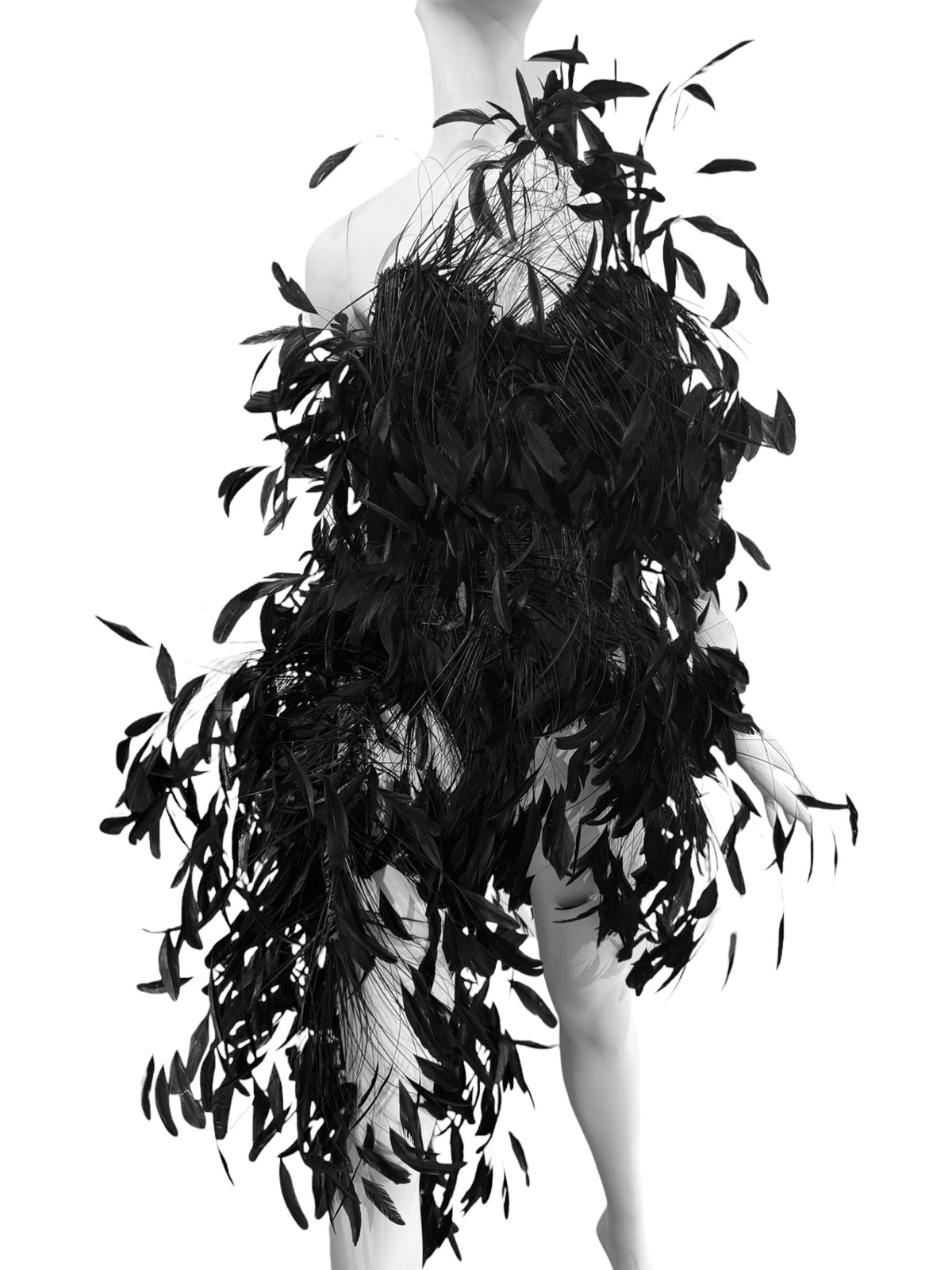 ALEXANDRE VAUTHIER HAUTE COUTURE FW2023 BLACK GOOSE FEATHER CORSET BODYSUIT