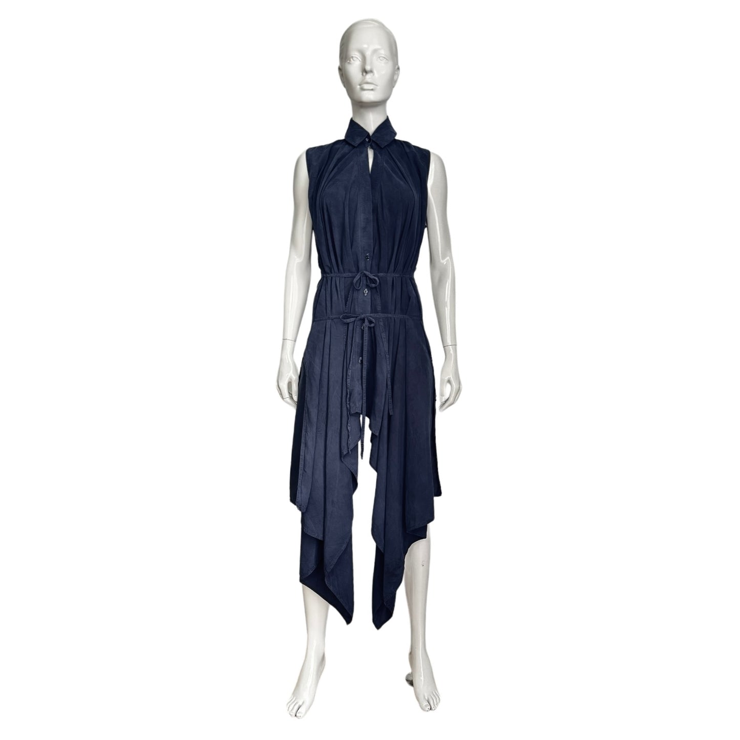 MARC LE BIHAN SS2021 NAVY BLUE SILK SLEEVELESS SHIRT