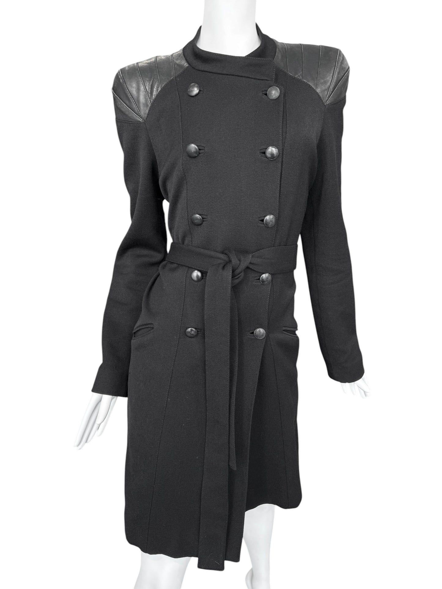 KAVIAR GAUCHE 2010s BLACK WOOK & LEATHER DOUBLE BREASTED COAT