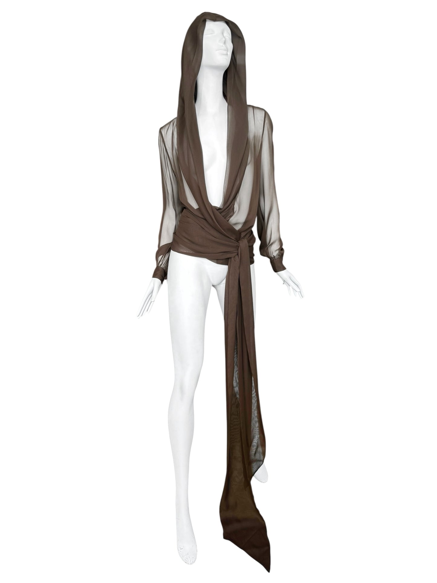 SAINT LAURENT PRE-FALL 2023 BY ANTHONY VACCARELLO BROWN SILK HOODED WRAP BLOUSE