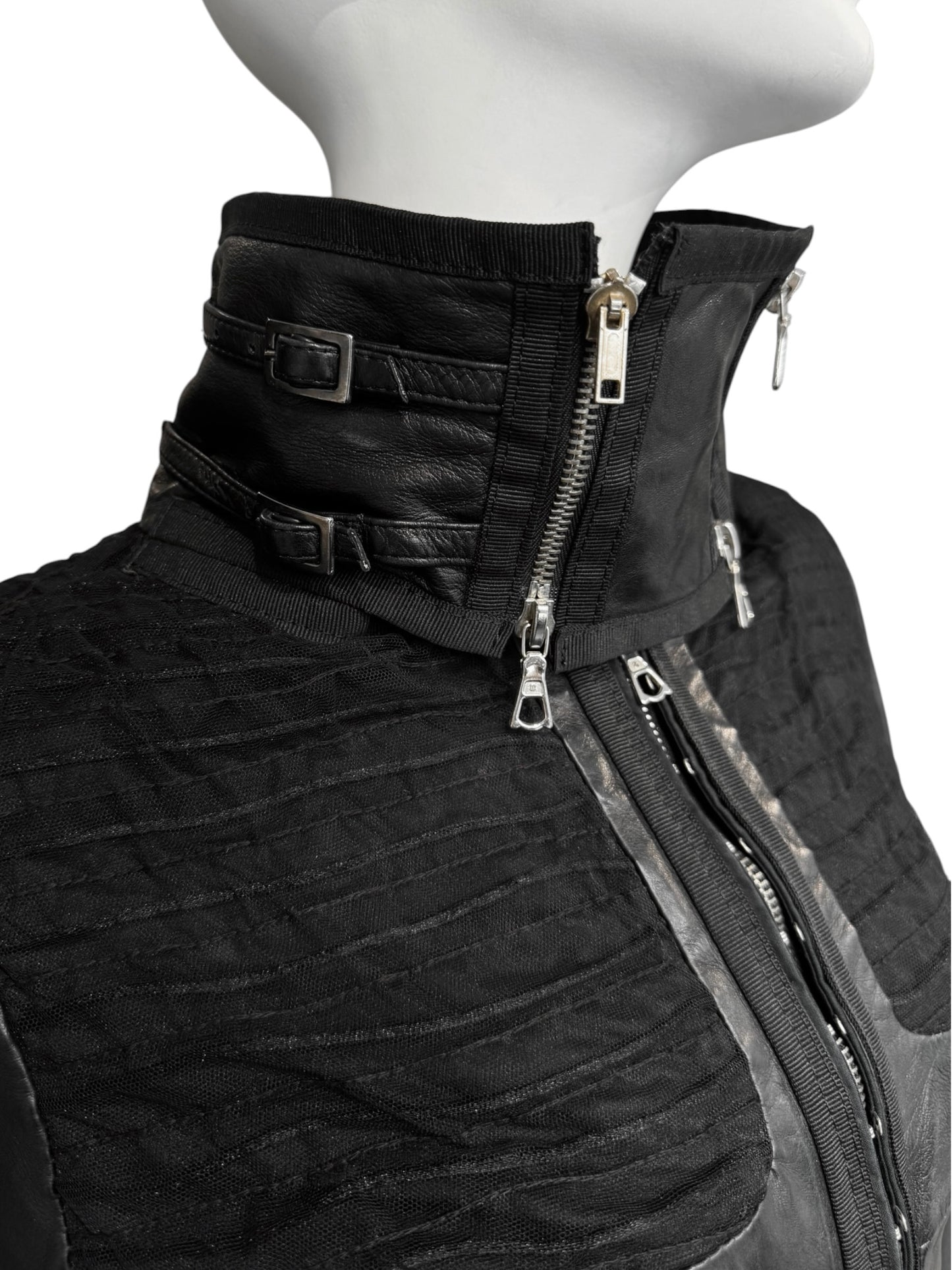 JITROIS 2000S BLACK LEATHER & MESH LACE-UP JACKET