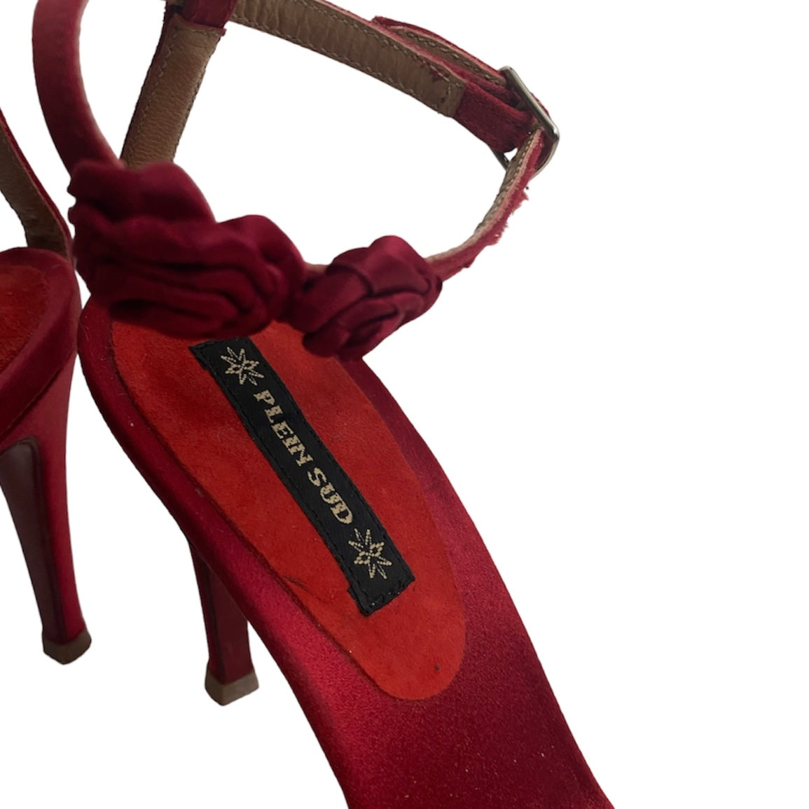 PLEIN SUD 2000s RED SATIN AND LEATHER HEELED SANDALS