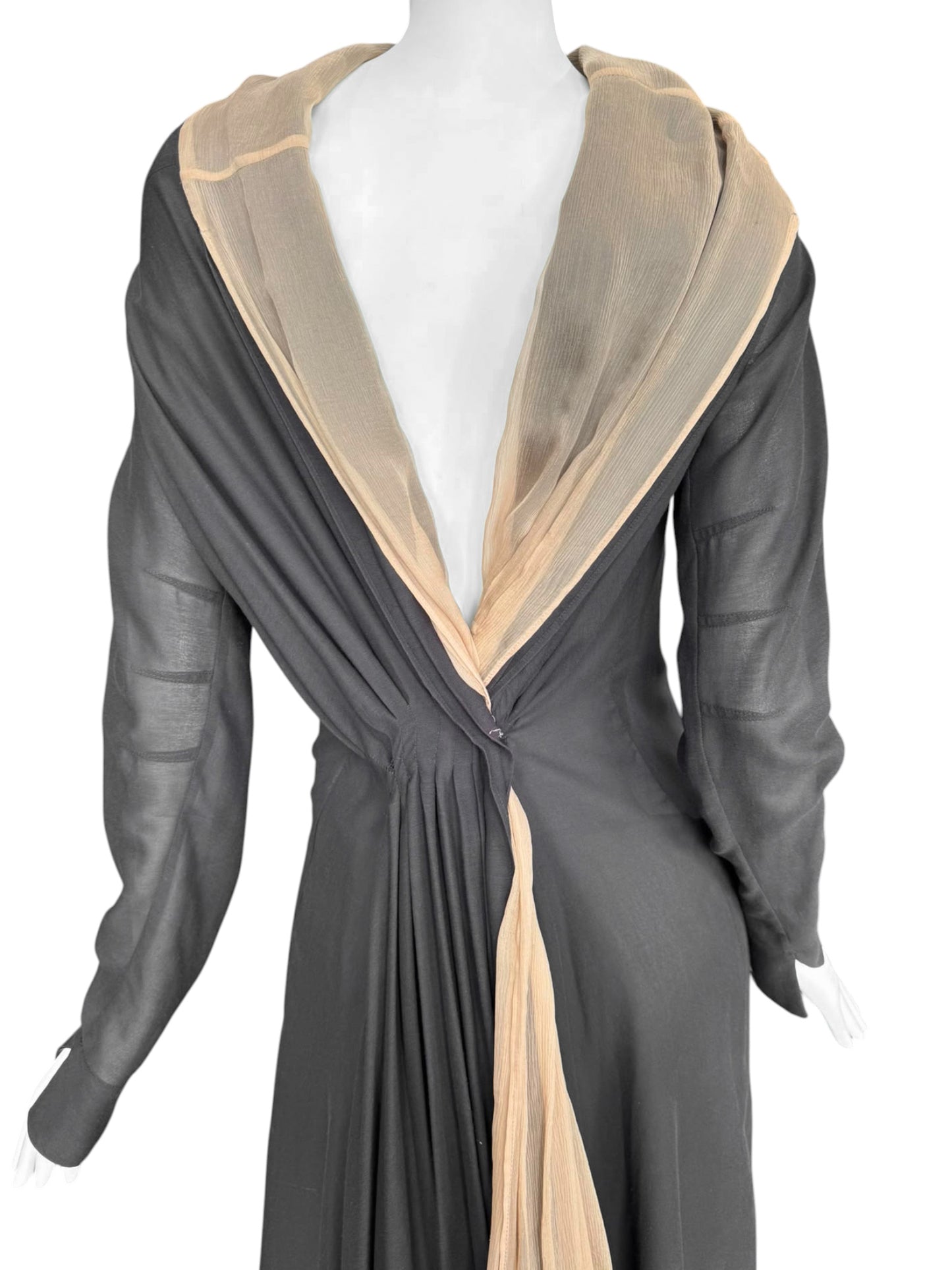 GUSTAVO LINS HAUTE COUTURE SS2009 DARK GREY & BEIGE SILK LAYERED PLEATED MIDI DRESS