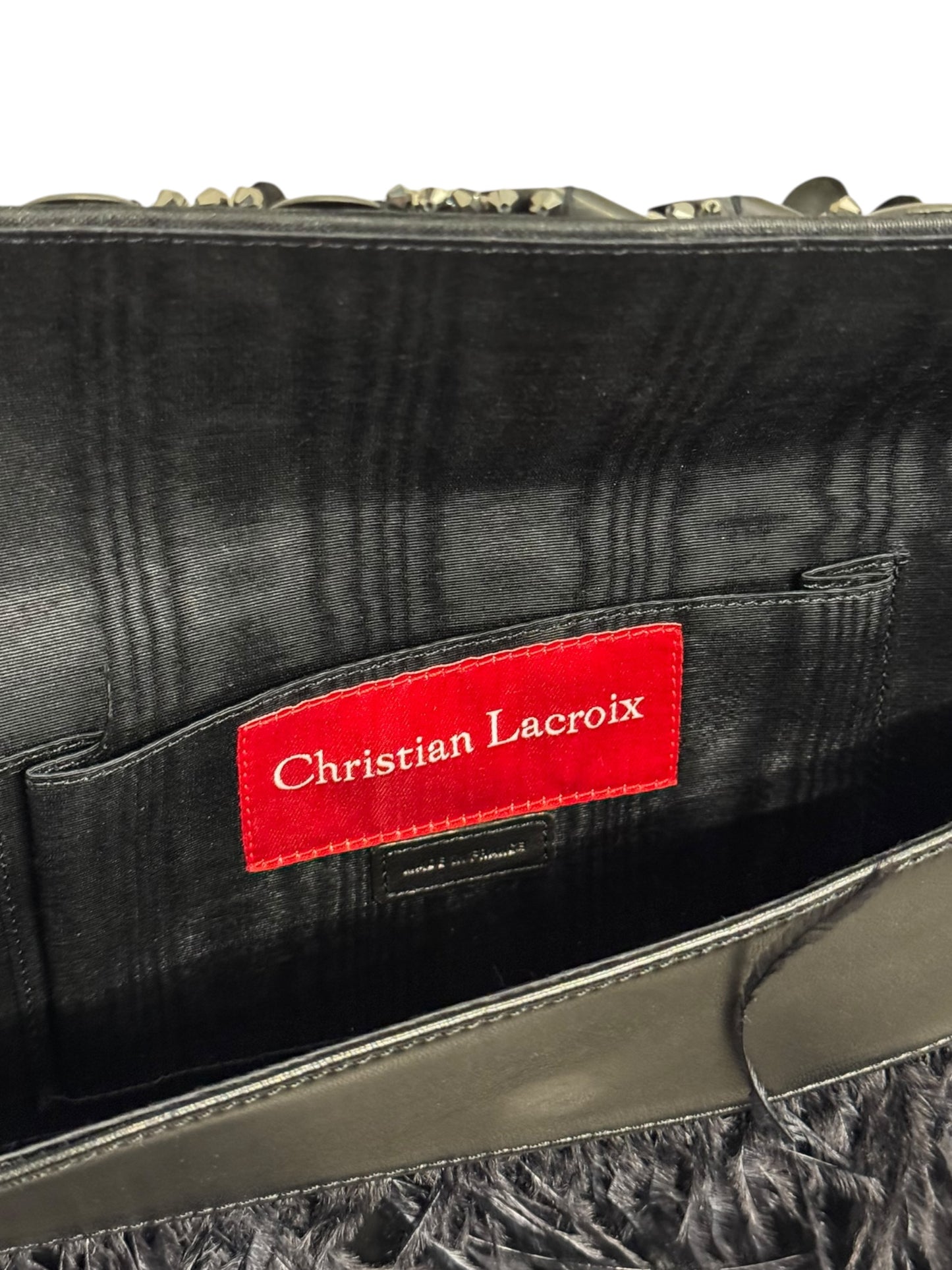 CHRISTIAN LACROIX 2000s BLACK LEATHER & OSTRICH FEATHERS EMBELLISHED CLUTCH & GLOVES