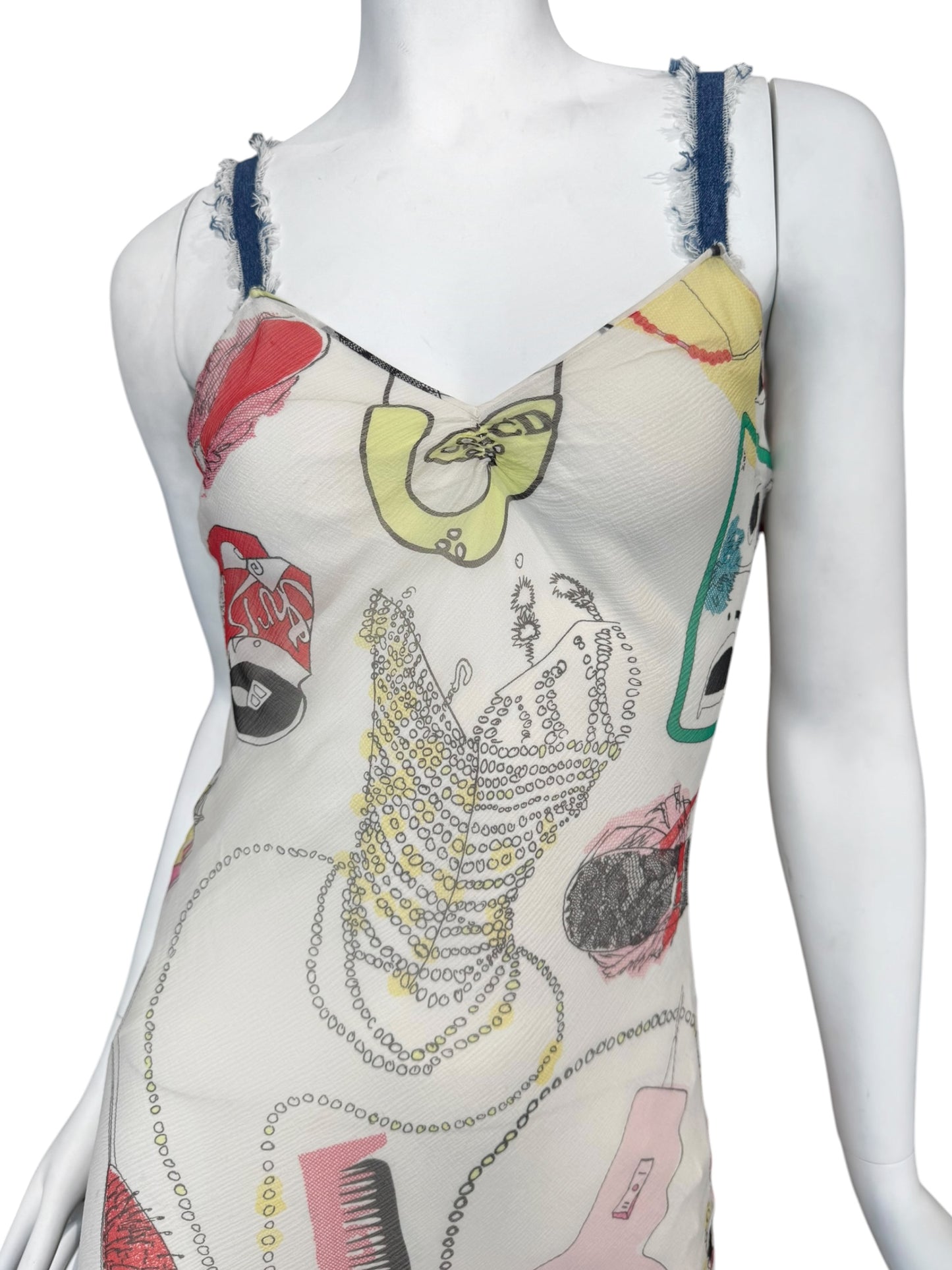 DIOR SS2001 BY JOHN GALLIANO OFF-WHITE SILK KITSCH PRINT MAXI DRESS